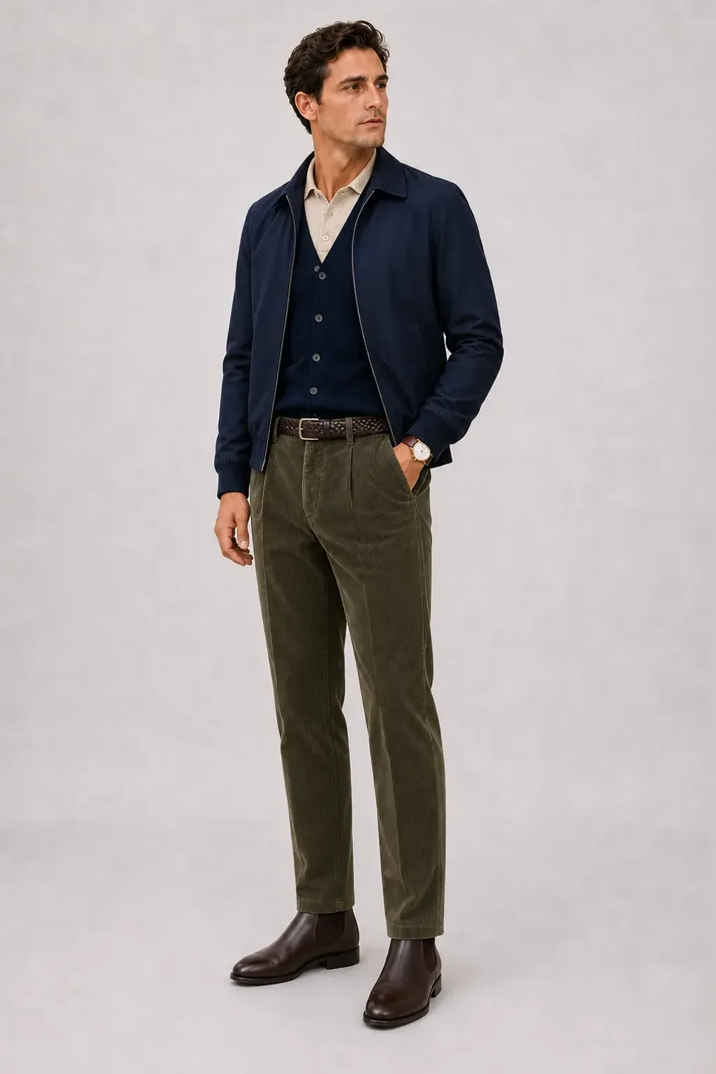 Harrington Blouson Beige über Cardigan Navy und Strickpolo Beige, dazu Cordhose Oliv und Chelsea Boot — Harrington Blouson Navy
