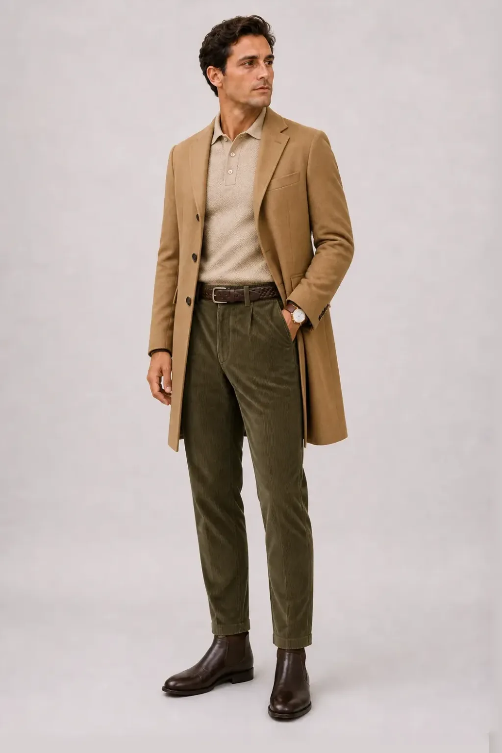 Langer Mantel Camel über Cardigan, dazu Cordhose Oliv und Chelsea Boot — Strickpolo Beige