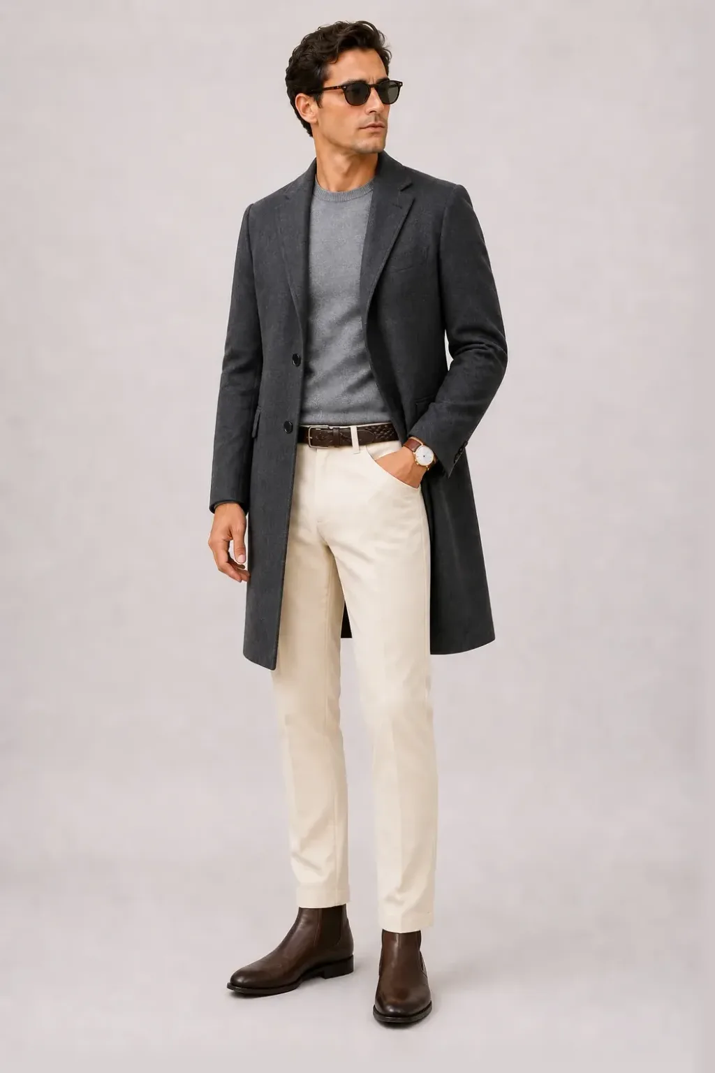 Langer Mantel Dunkelgrau über Crewneck-Pullover Feinstrick, dazu Chino Creme und Chelsea Boot