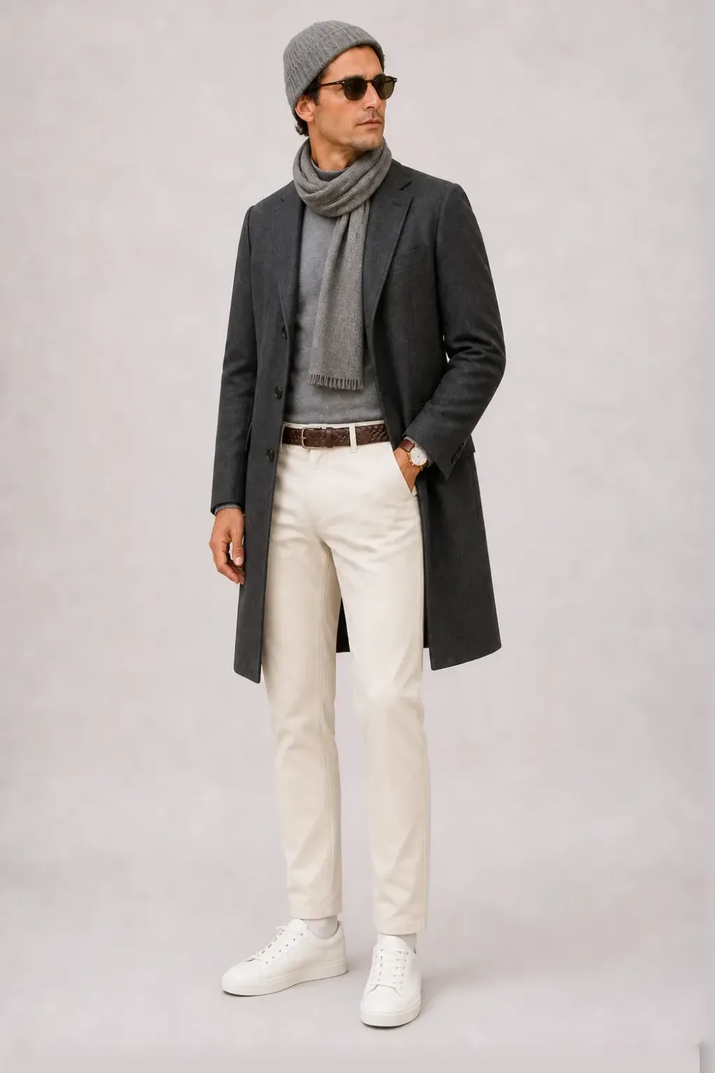 Langer Mantel Dunkelgrau über Crewneck-Pullover Feinstrick, dazu Chino Creme und Chelsea Boot