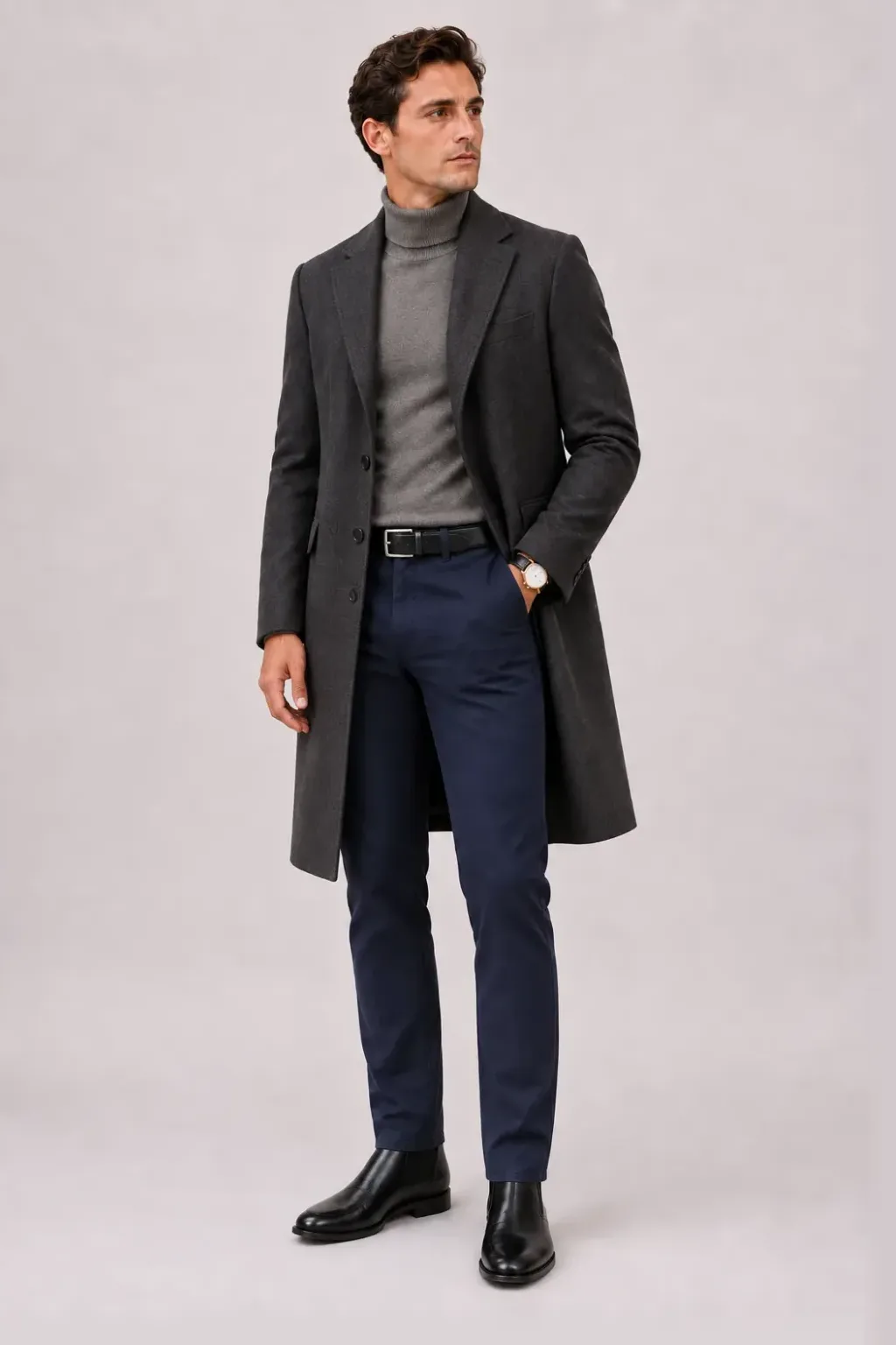 Langer Mantel Dunkelgrau über Rollkragenpullover, dazu Chino Navy und Chelsea Boot