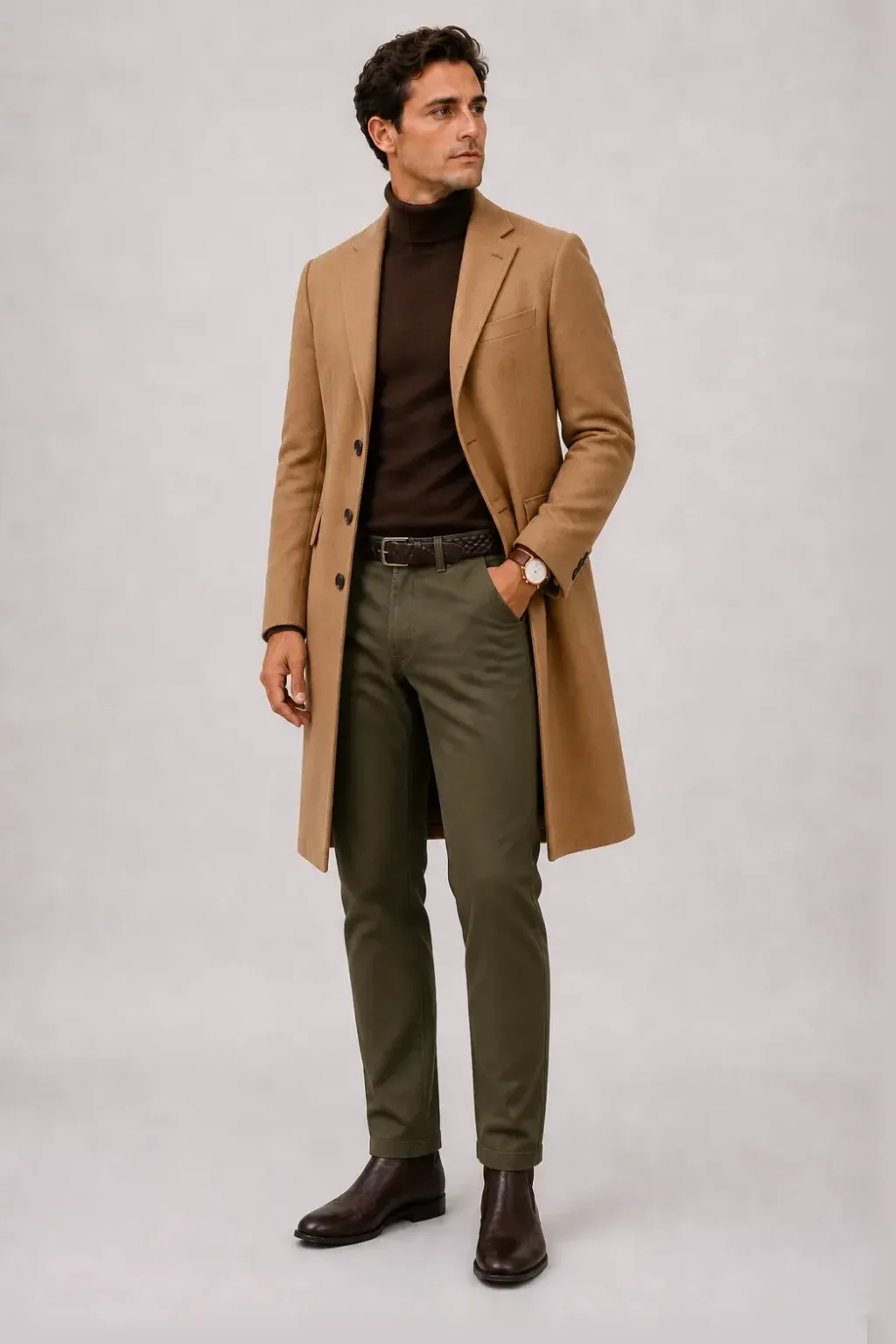 Langer Mantel Camel über Half-Zip Pullover Feinstrick, dazu Chino Oliv und Chelsea Boot — Rollkragenpullover Schokobraun