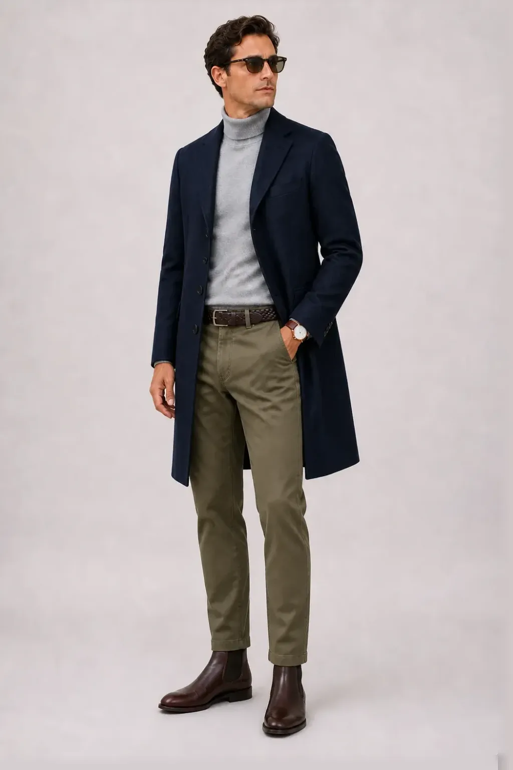 Langer Mantel Navy über Crewneck-Pullover Feinstrick Hellgrau und Button-Down-Hemd Hellblau, dazu Cordhose Oliv und Chelsea Boot — ≈ Rollkragenpullover pur Chino statt Cordhose