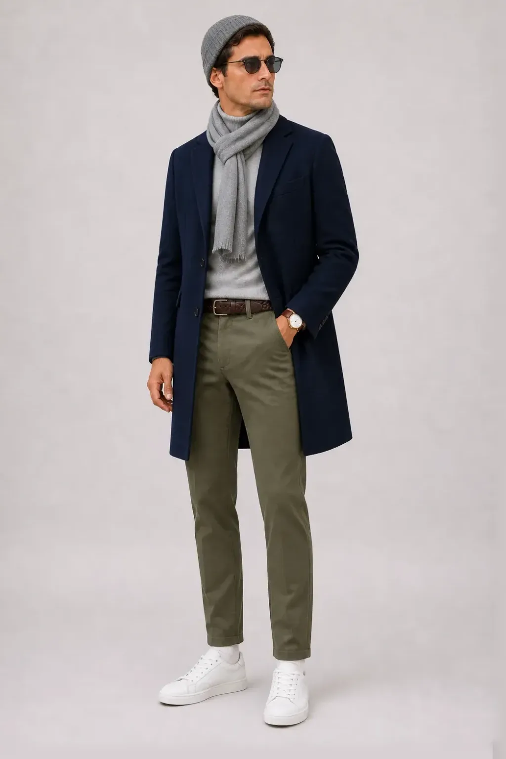 Langer Mantel Navy über Rollkragenpullover Hellgrau, dazu Chino Oliv und Chelsea Boot