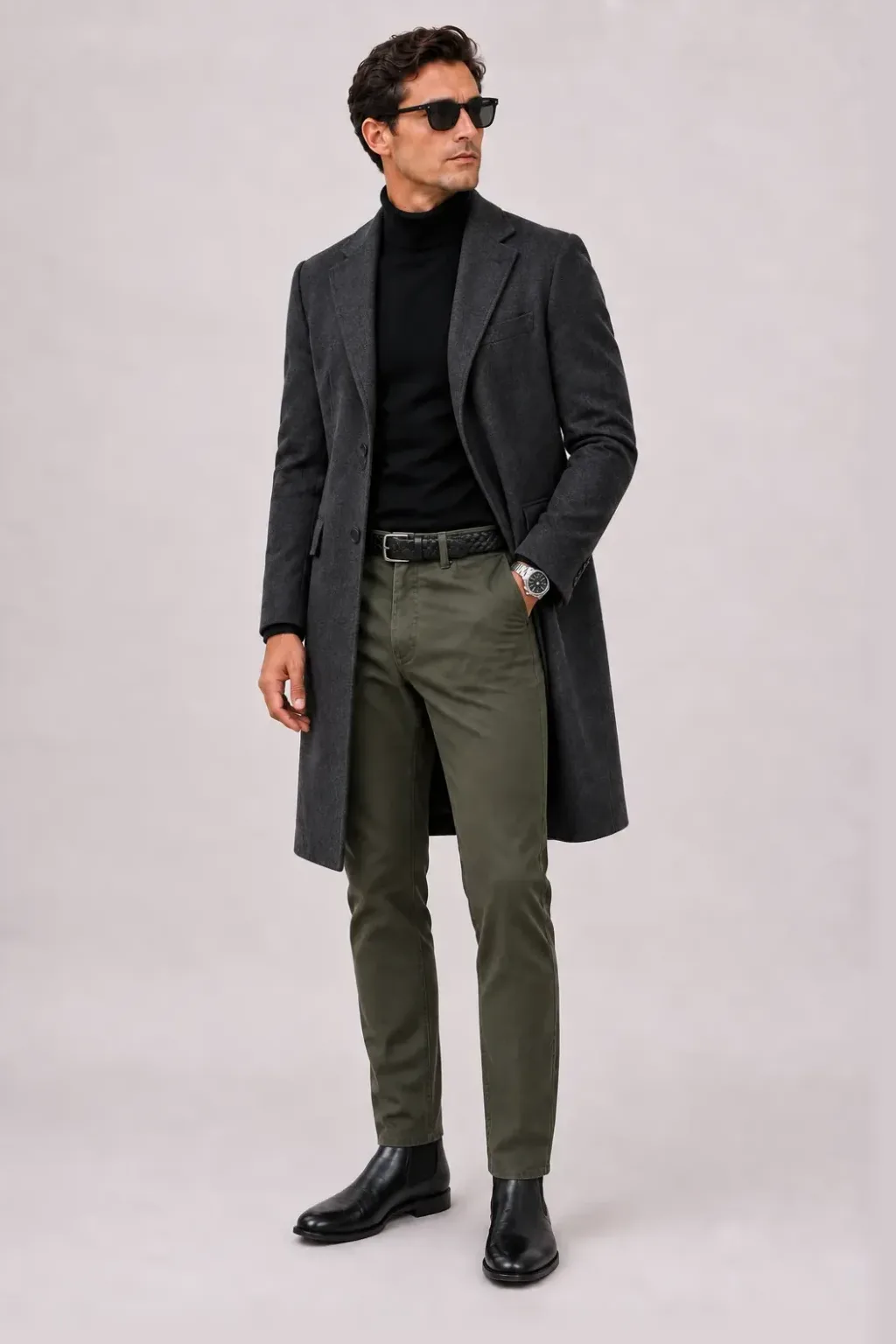 Langer Mantel Dunkelgrau über Rollkragenpullover, dazu Chino Oliv und Chelsea Boot