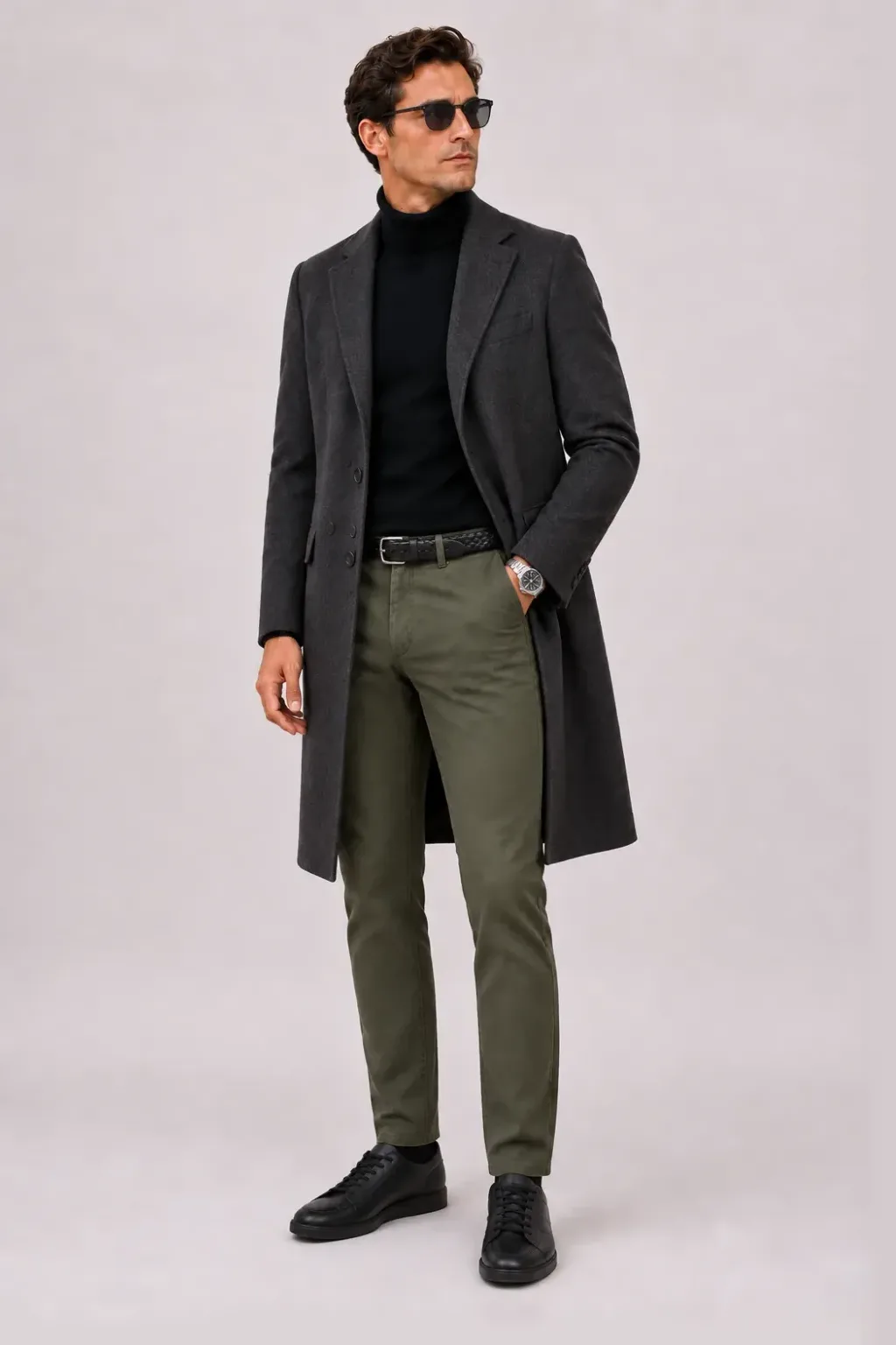 Langer Mantel Dunkelgrau über Rollkragenpullover, dazu Chino Oliv und Chelsea Boot