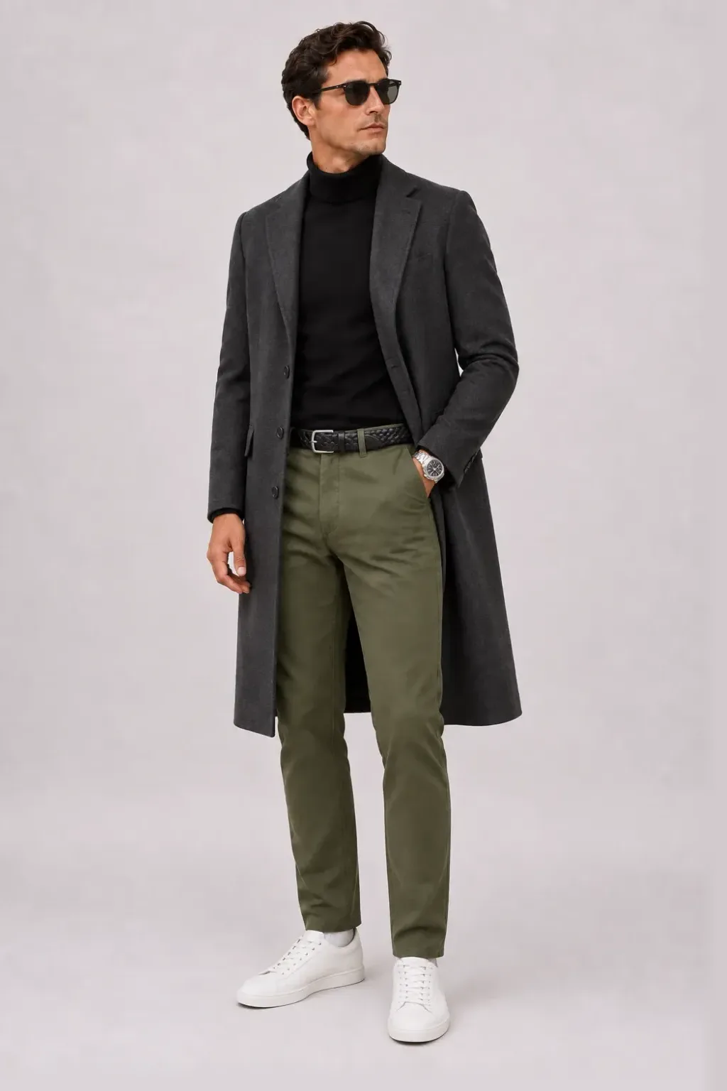 Langer Mantel Dunkelgrau über Rollkragenpullover, dazu Chino Oliv und Chelsea Boot