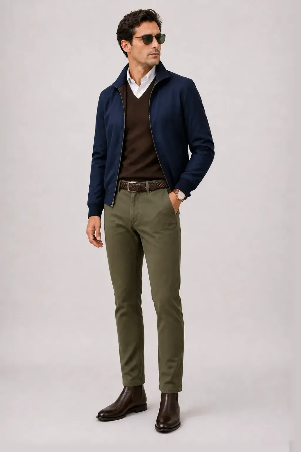 Harrington Blouson Navy über V-Neck-Pullover Feinstrick Schokobraun und Button-Down-Hemd Weiss, dazu Chino Oliv und Chelsea Boot
