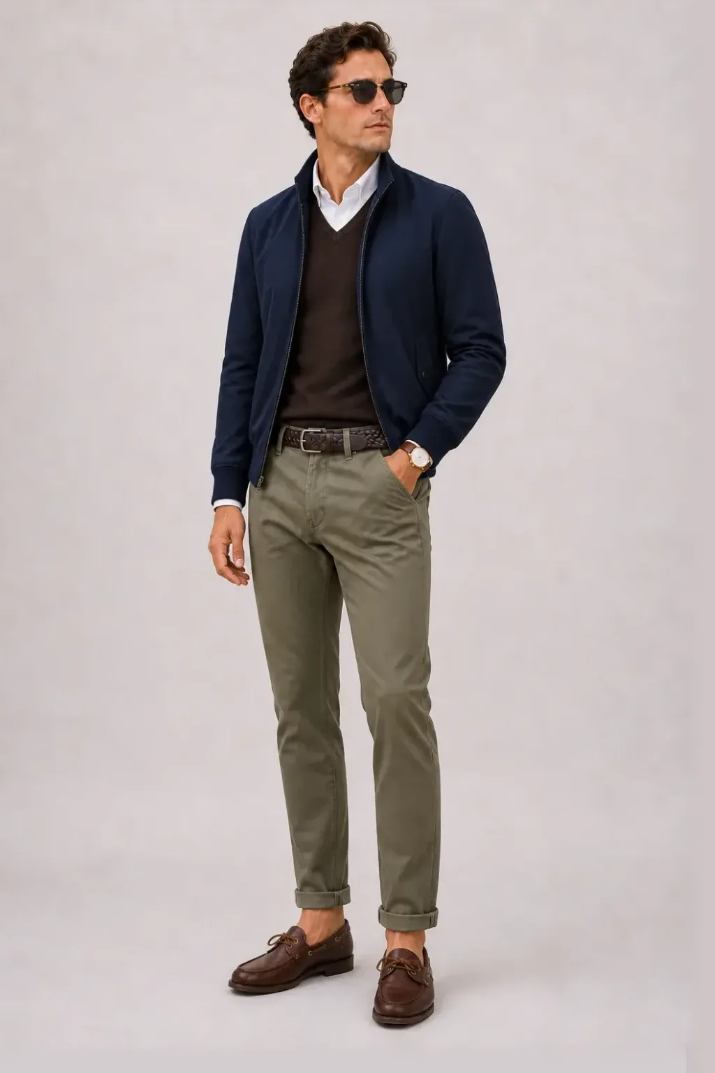 Harrington Blouson Navy über V-Neck-Pullover Feinstrick Schokobraun und Button-Down-Hemd Weiss, dazu Chino Oliv und Chelsea Boot