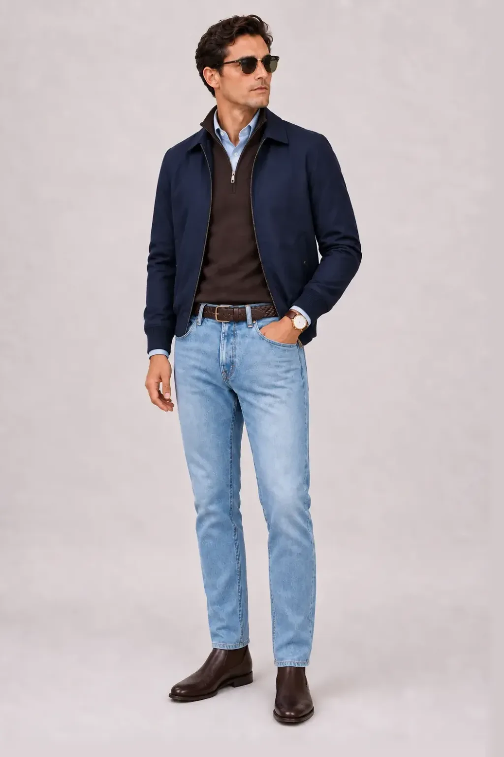 Harrington Blouson Navy über Half-Zip Pullover Feinstrick Schokobraun und Button-Down-Hemd Hellblau, dazu Jeans Hellblau und Chelsea Boot