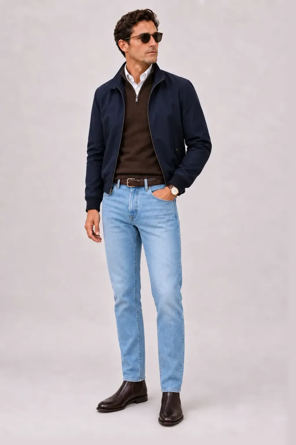 Harrington Blouson Navy über Half-Zip Pullover Feinstrick Schokobraun und Button-Down-Hemd Hellblau, dazu Jeans Hellblau und Chelsea Boot
