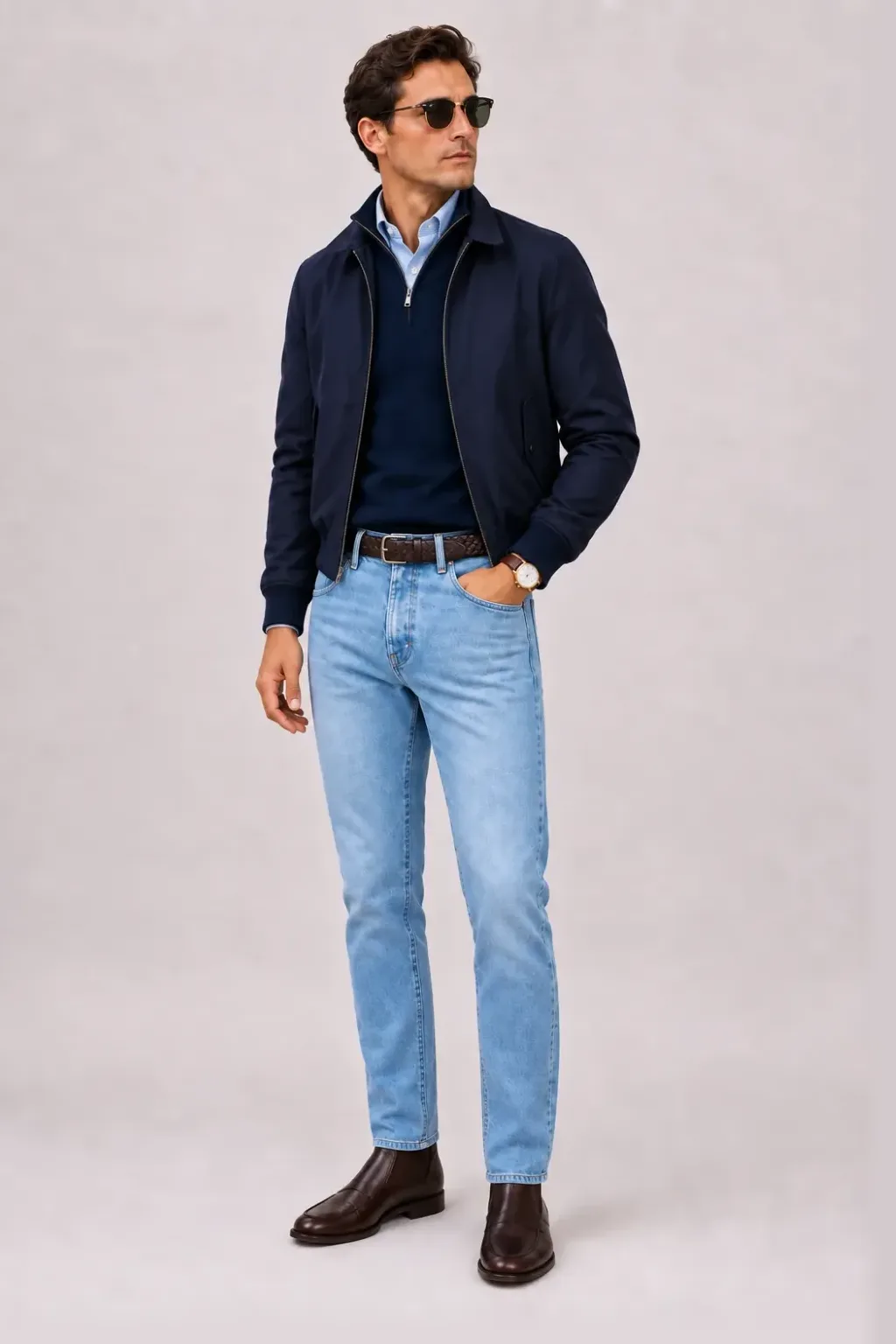 Harrington Blouson Navy über Half-Zip Pullover Feinstrick, dazu Jeans Hellblau und Chelsea Boot