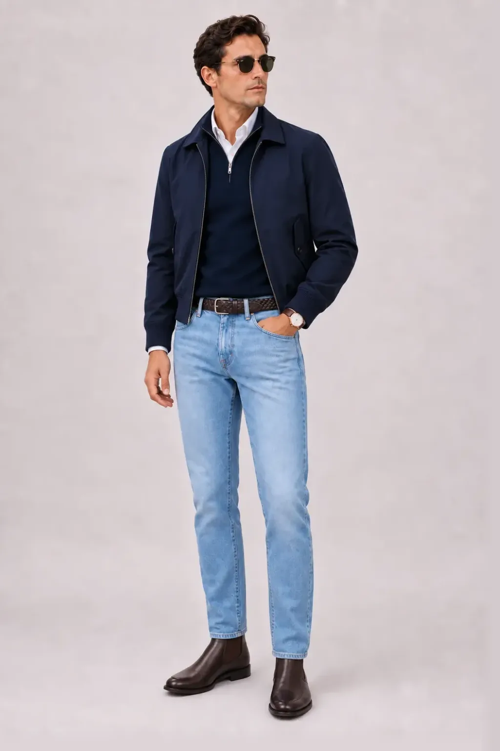 Harrington Blouson Navy über Half-Zip Pullover Feinstrick, dazu Jeans Hellblau und Chelsea Boot — Button-Down-Hemd Weiss