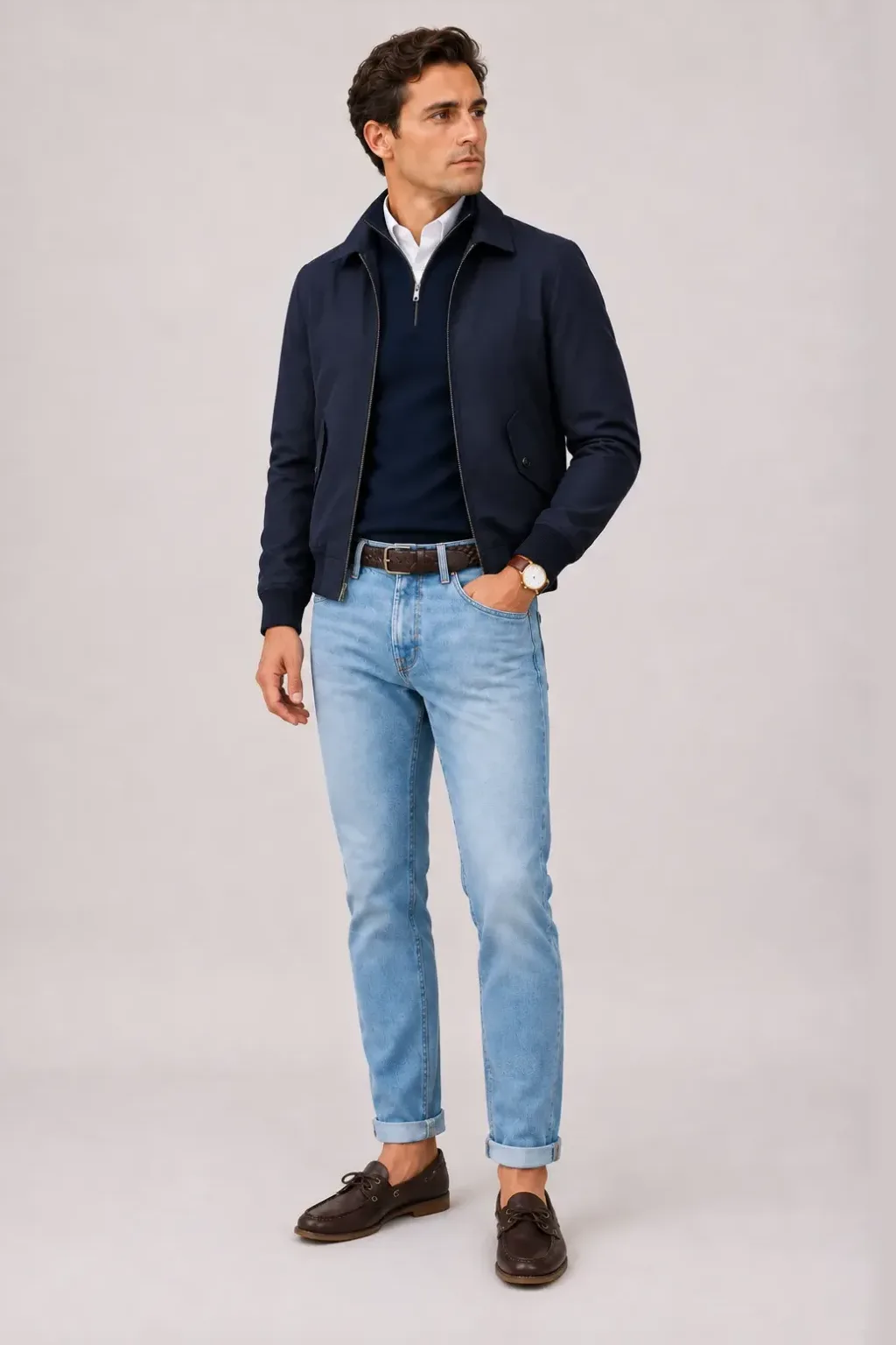 Harrington Blouson Navy über Half-Zip Pullover Feinstrick, dazu Jeans Hellblau und Chelsea Boot