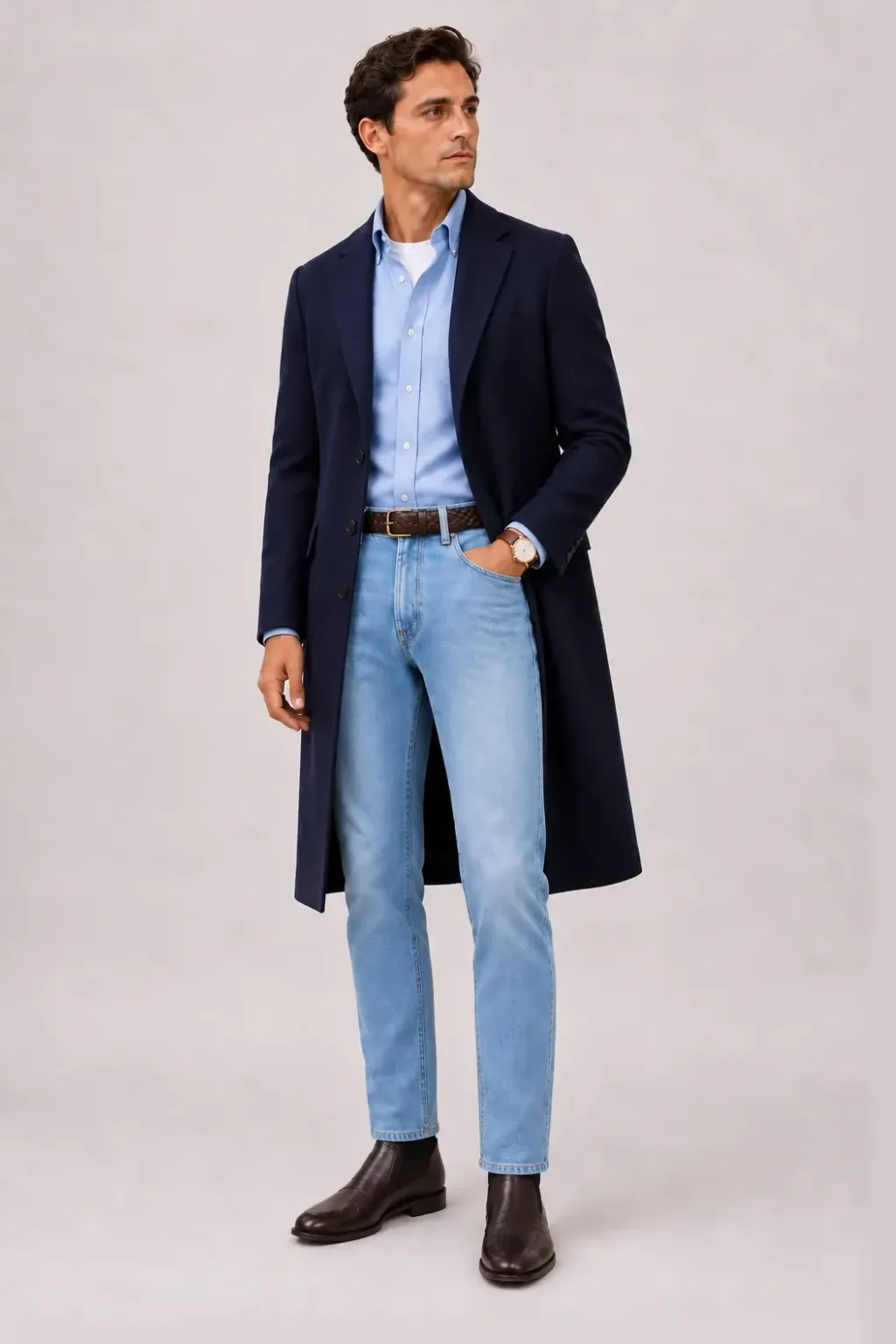 Langer Mantel Navy über Button-Down-Hemd Hellblau und T-Shirt Weiss, dazu Jeans Hellblau und Chelsea Boot