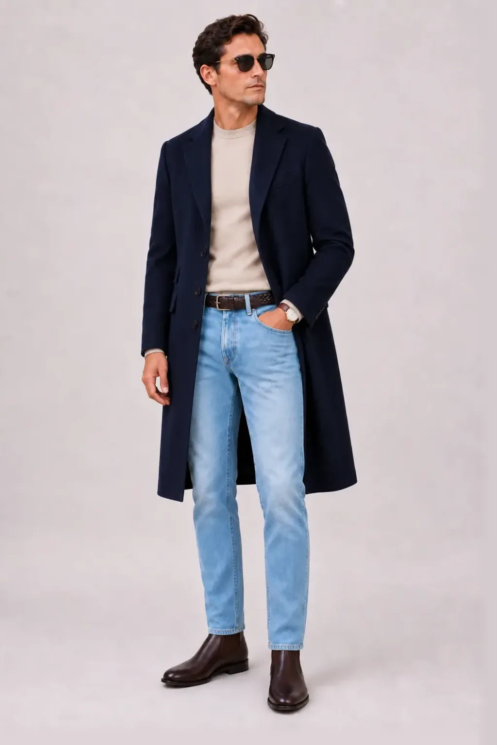 Langer Mantel Navy über Crewneck-Pullover Feinstrick Beige, dazu Jeans Hellblau und Chelsea Boot