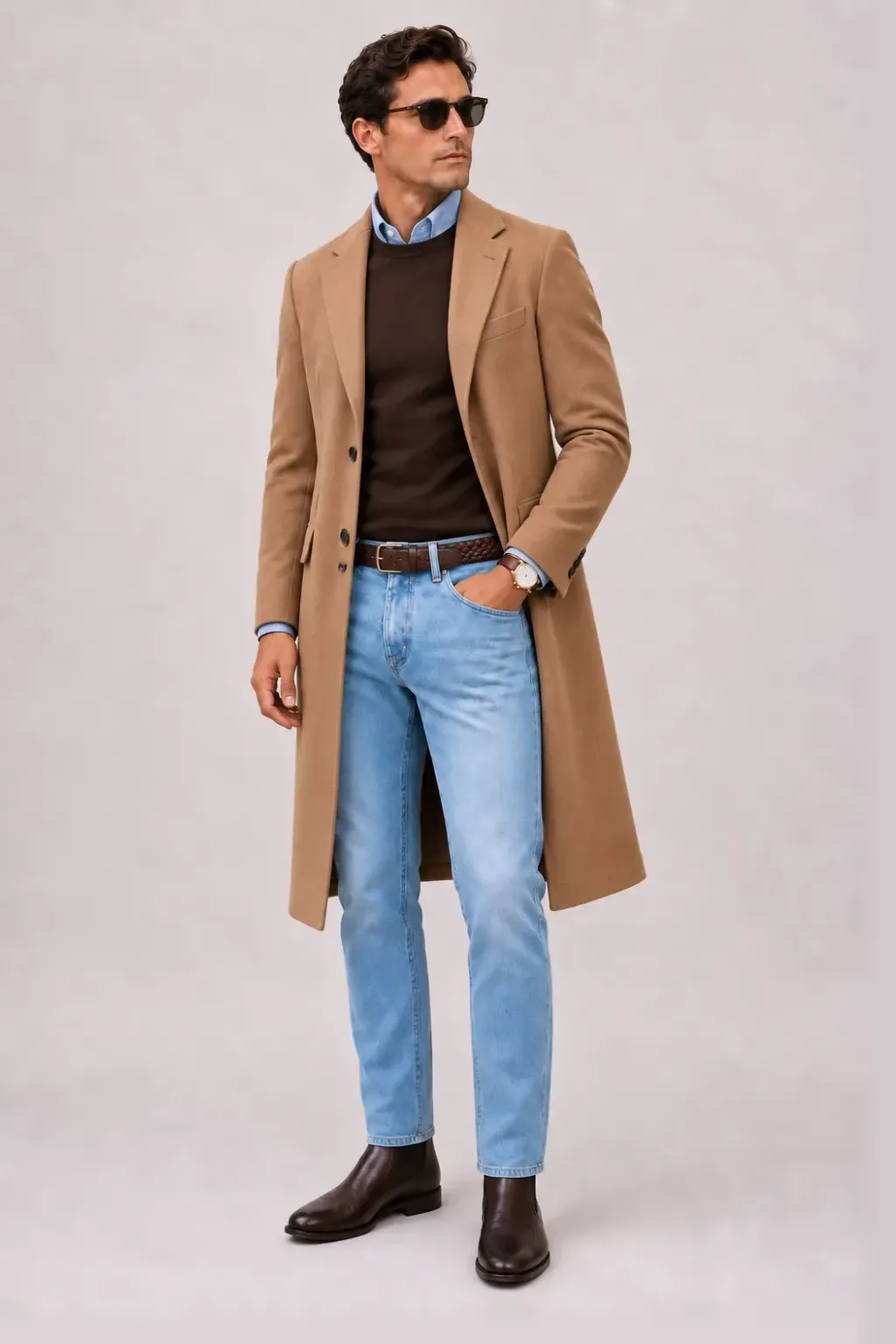 Langer Mantel Camel über T-Shirt, dazu Jeans Hellblau und Chelsea Boot — Crewneck-Pullover Feinstrick Schokobraun
