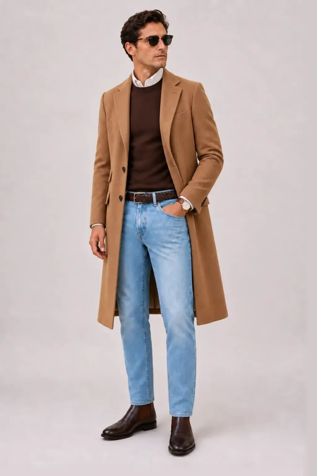 Langer Mantel Camel über Crewneck-Pullover Feinstrick Schokobraun und Button-Down-Hemd Hellblau, dazu Jeans Hellblau und Chelsea Boot — Button-Down-Hemd Weiss