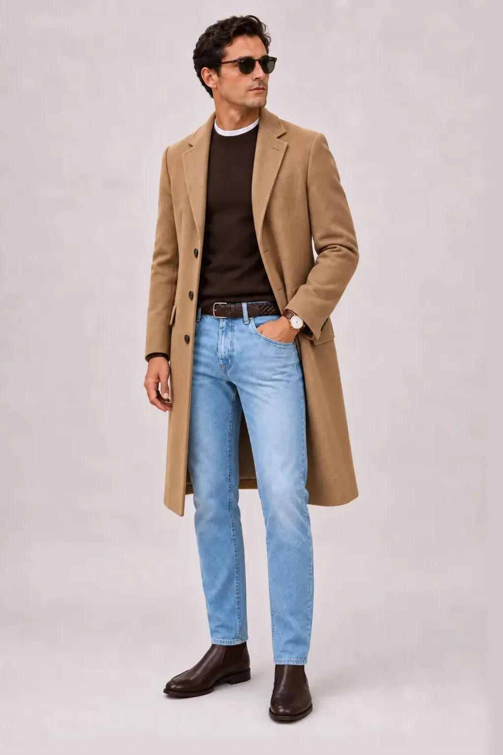 Langer Mantel Camel über Crewneck-Pullover Feinstrick Schokobraun und Button-Down-Hemd Hellblau, dazu Jeans Hellblau und Chelsea Boot