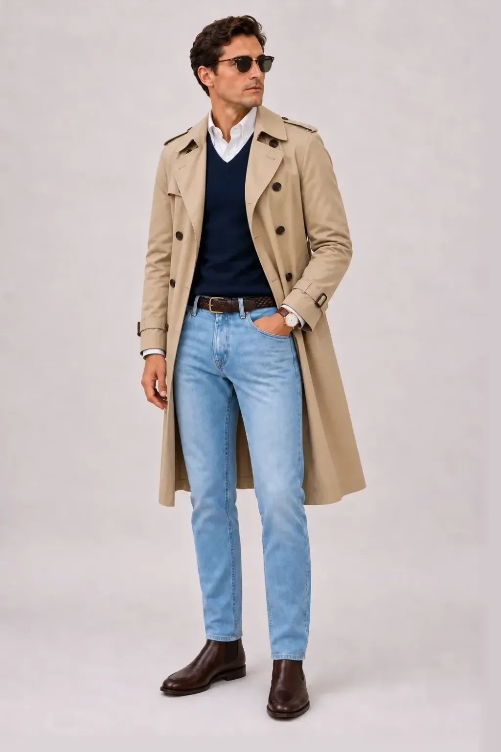 Trenchcoat Beige über V-Neck-Pullover Feinstrick, dazu Jeans Hellblau und Chelsea Boot