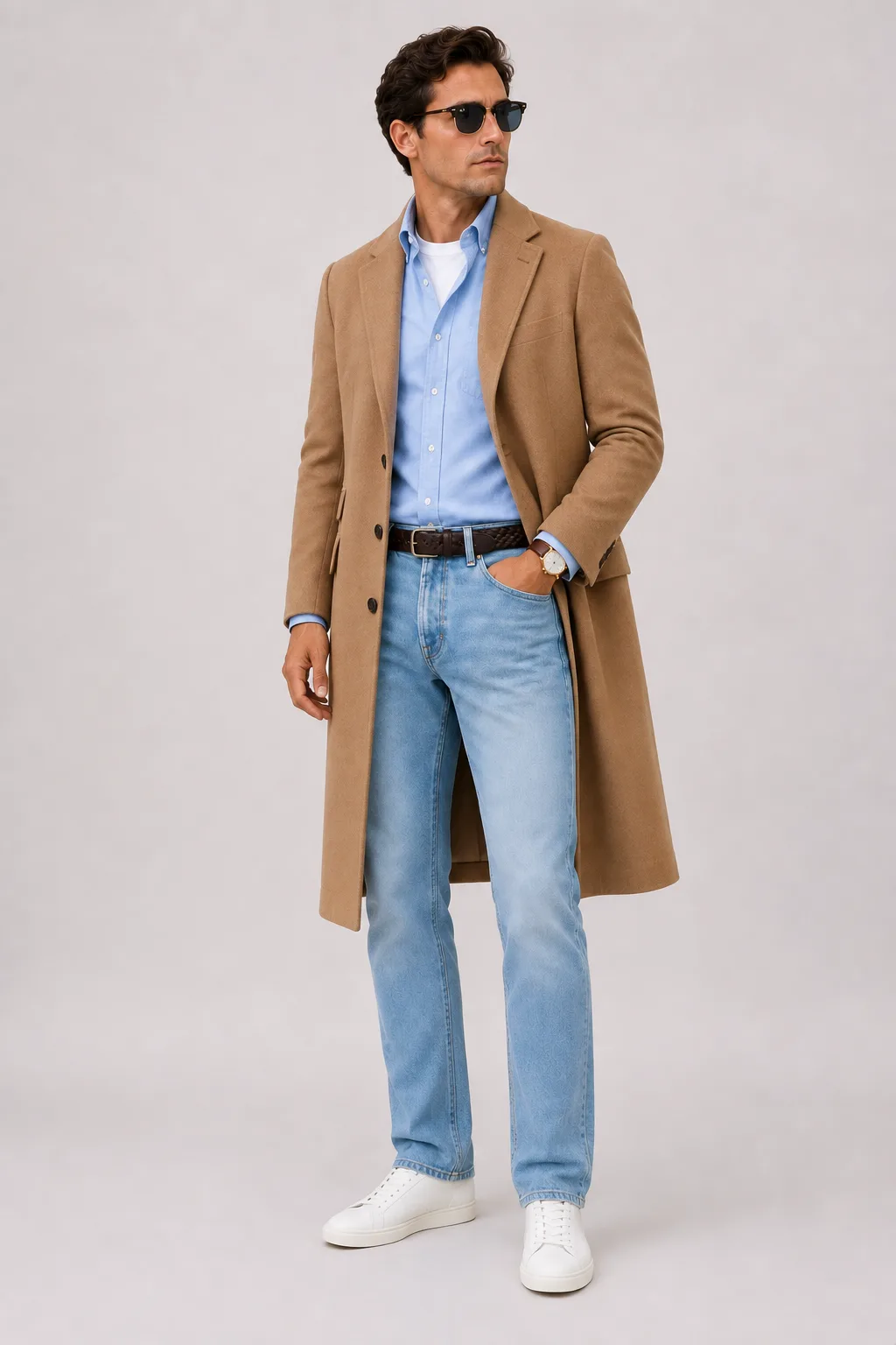 Langer Mantel Camel über Button-Down-Hemd, dazu Jeans Hellblau und Sneaker