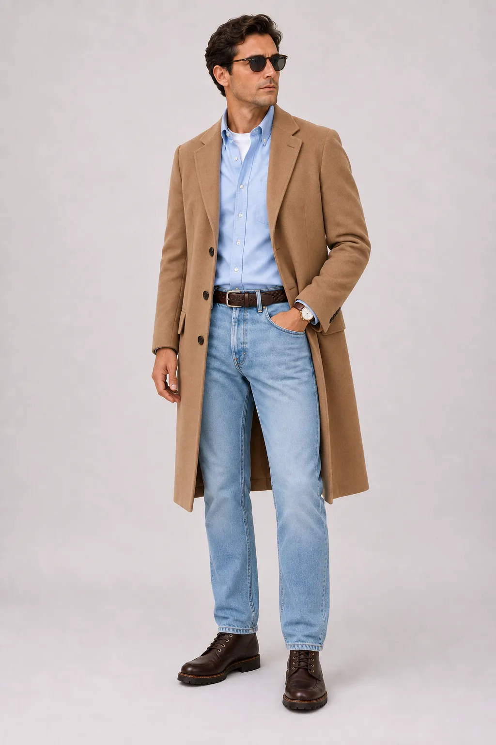 Langer Mantel Camel über Button-Down-Hemd, dazu Jeans Hellblau und Sneaker
