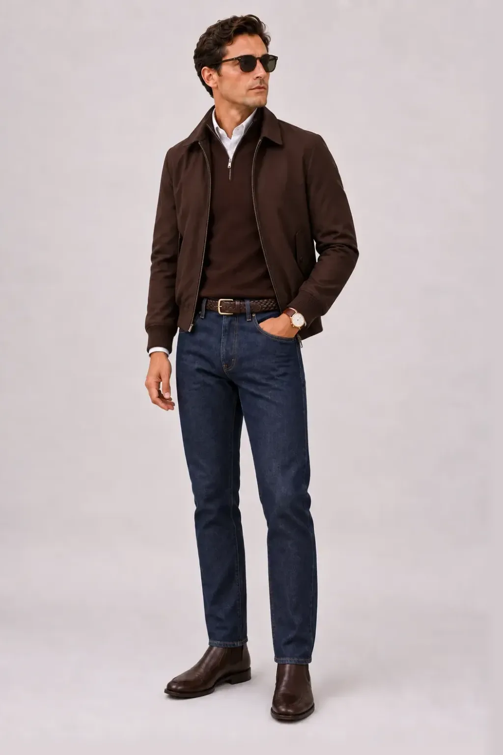 Harrington Blouson Dunkelbraun über Half-Zip Pullover Feinstrick, dazu Jeans Navy und Chelsea Boot