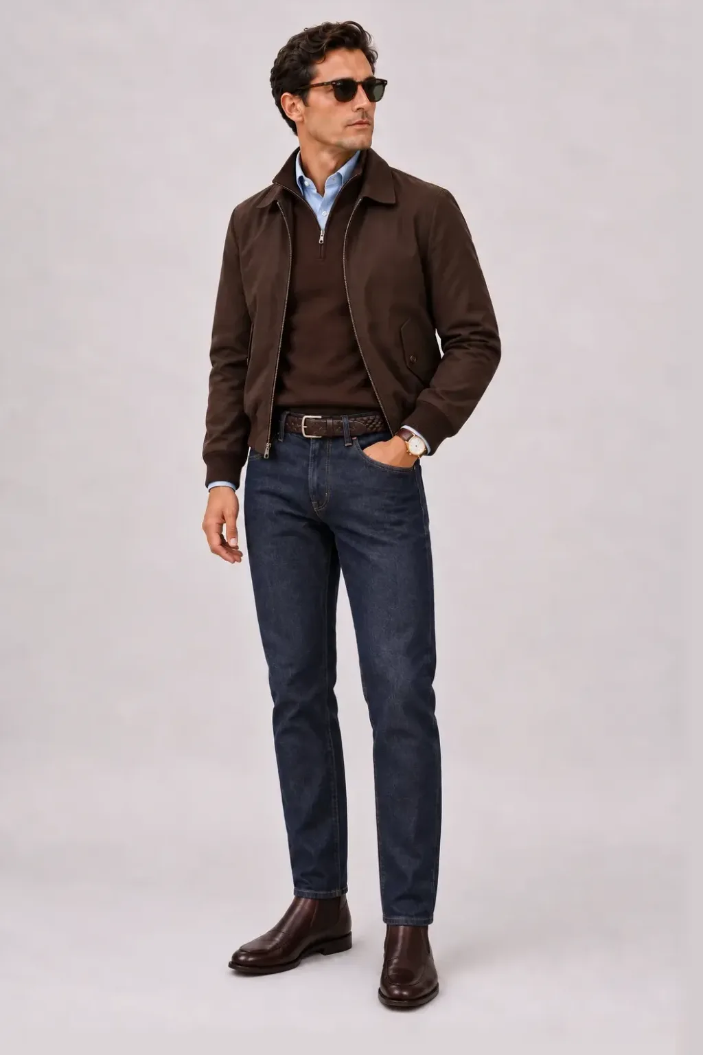 Harrington Blouson Dunkelbraun über Half-Zip Pullover Feinstrick, dazu Jeans Navy und Chelsea Boot — Button-Down-Hemd Hellblau