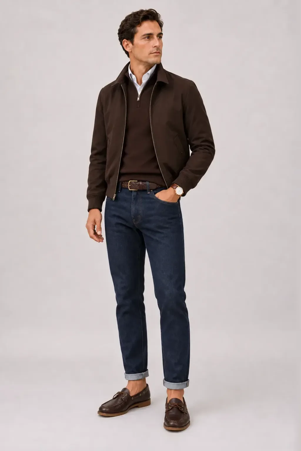 Harrington Blouson Dunkelbraun über Half-Zip Pullover Feinstrick, dazu Jeans Navy und Chelsea Boot