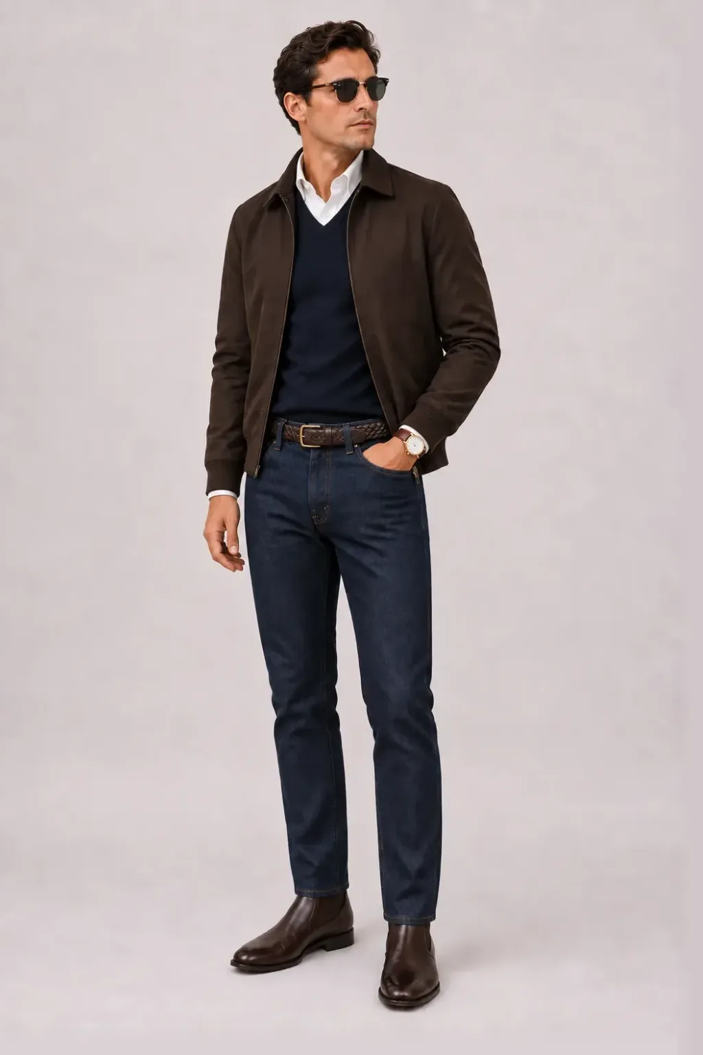 Harrington Blouson Dunkelbraun über V-Neck-Pullover Feinstrick Navy und Button-Down-Hemd Weiss, dazu Jeans Navy und Chelsea Boot