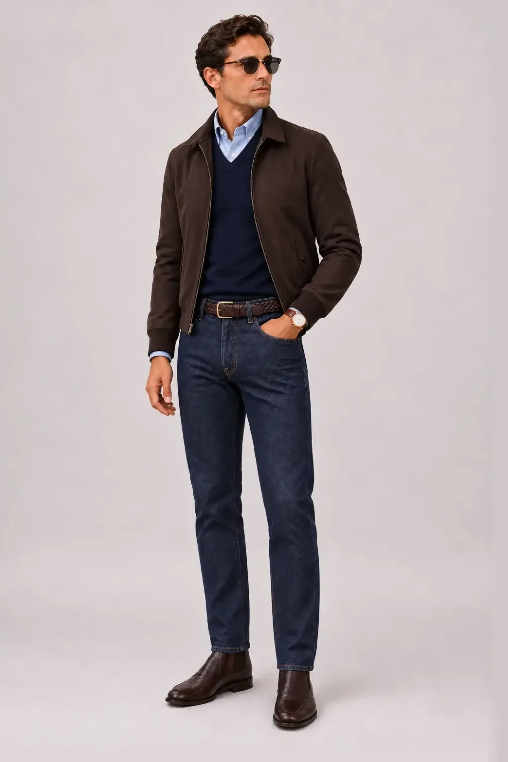 Harrington Blouson Dunkelbraun über V-Neck-Pullover Feinstrick Navy und Button-Down-Hemd Weiss, dazu Jeans Navy und Chelsea Boot — Button-Down-Hemd Hellblau