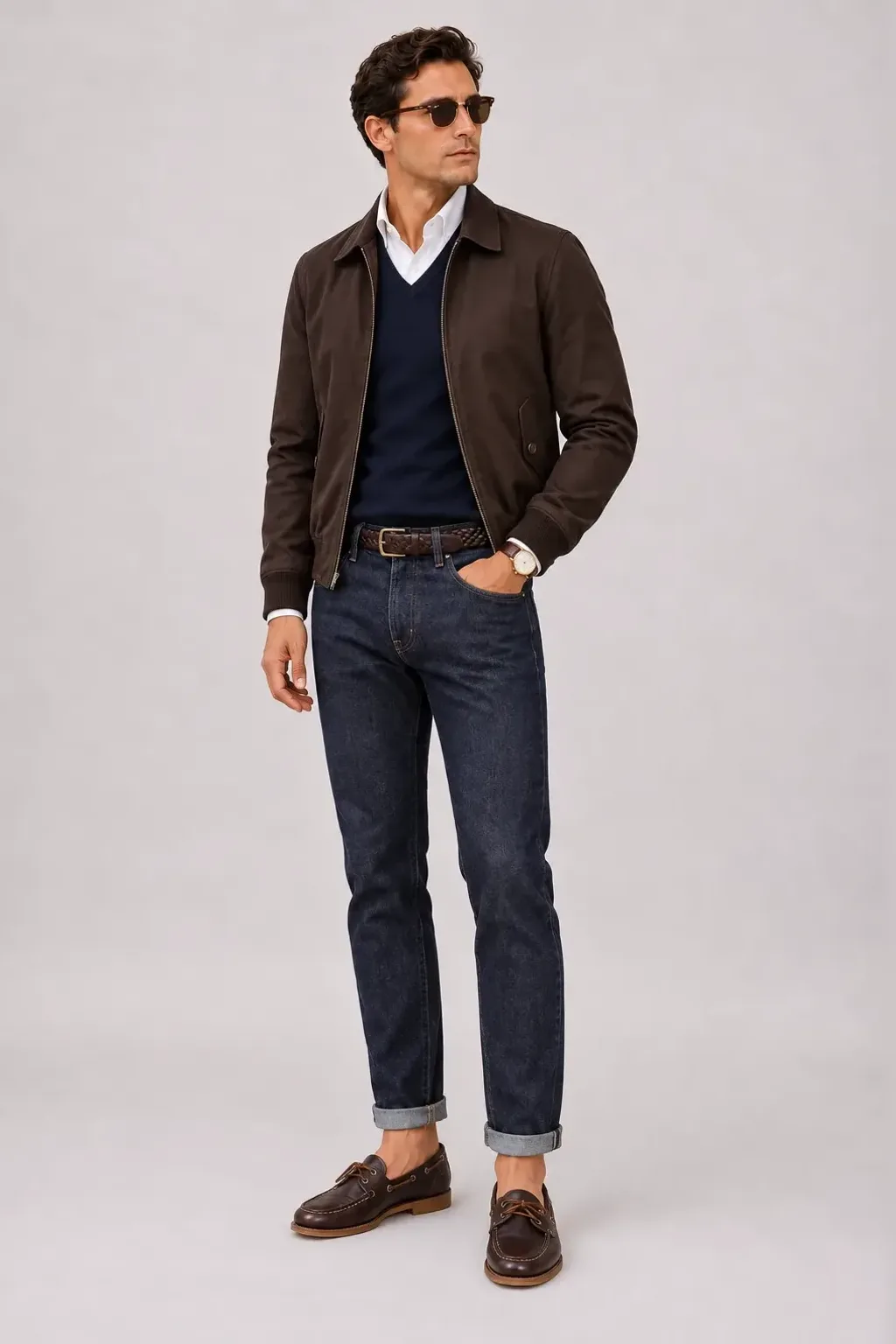 Harrington Blouson Dunkelbraun über V-Neck-Pullover Feinstrick Navy und Button-Down-Hemd Weiss, dazu Jeans Navy und Chelsea Boot