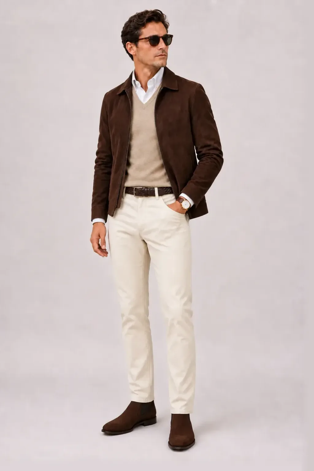 Wildlederjacke Schokobraun über V-Neck-Pullover Feinstrick, dazu Chino Creme und Chelsea Boot Wildleder