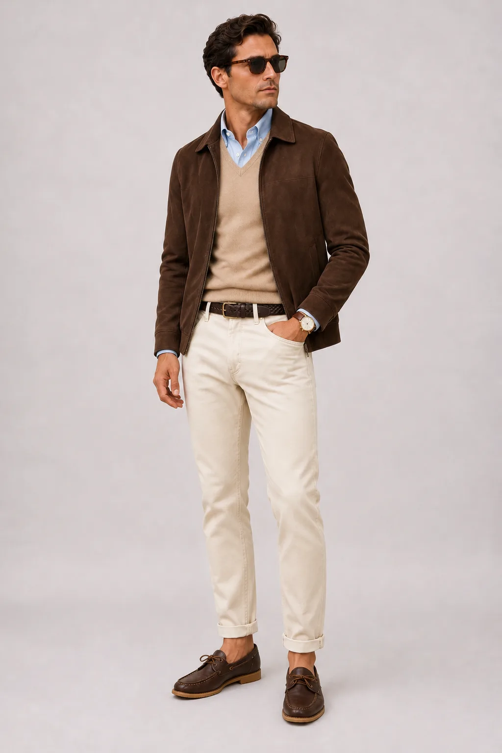 Wildlederjacke Schokobraun über V-Neck-Pullover Feinstrick, dazu Chino Creme und Chelsea Boot Wildleder