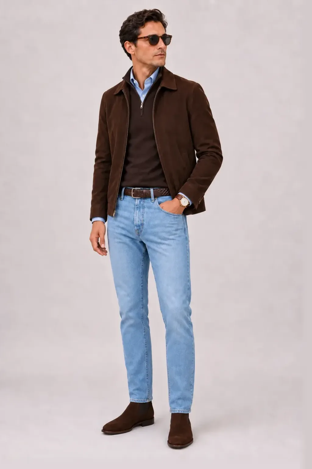 Wildlederjacke Schokobraun über Half-Zip Pullover Feinstrick, dazu Jeans Hellblau und Chelsea Boot Wildleder