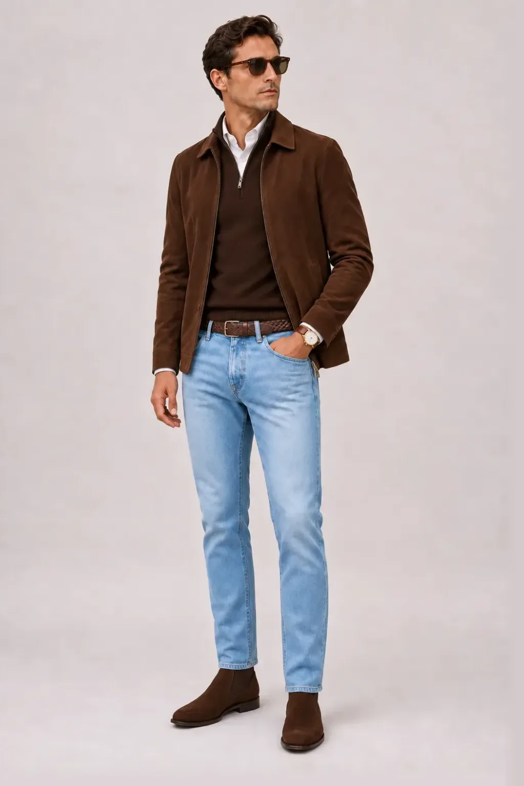 Wildlederjacke Schokobraun über Half-Zip Pullover Feinstrick, dazu Jeans Hellblau und Chelsea Boot Wildleder — Button-Down-Hemd Weiss