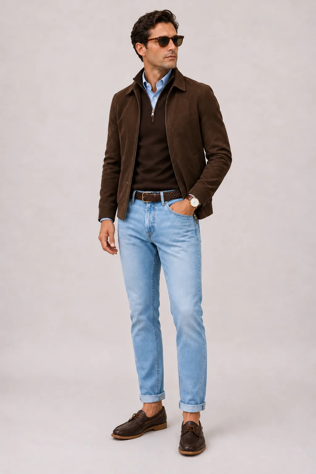 Wildlederjacke Schokobraun über Half-Zip Pullover Feinstrick, dazu Jeans Hellblau und Chelsea Boot Wildleder