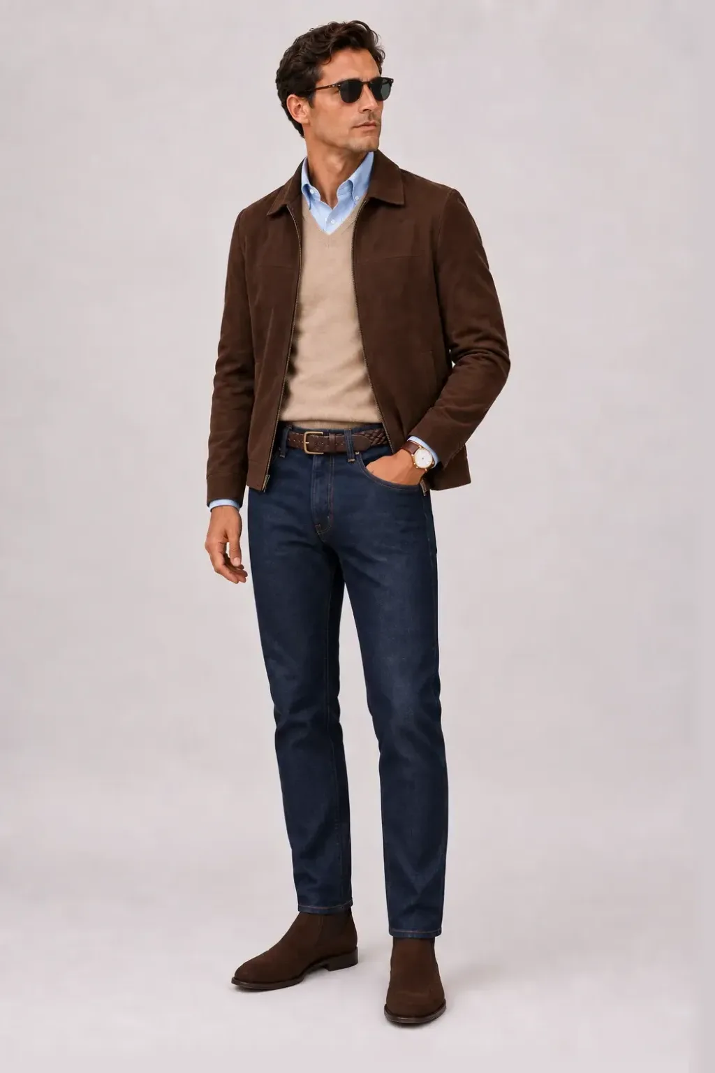 Wildlederjacke Schokobraun über V-Neck-Pullover Feinstrick Beige und Button-Down-Hemd Hellblau, dazu Jeans Navy und Chelsea Boot Wildleder