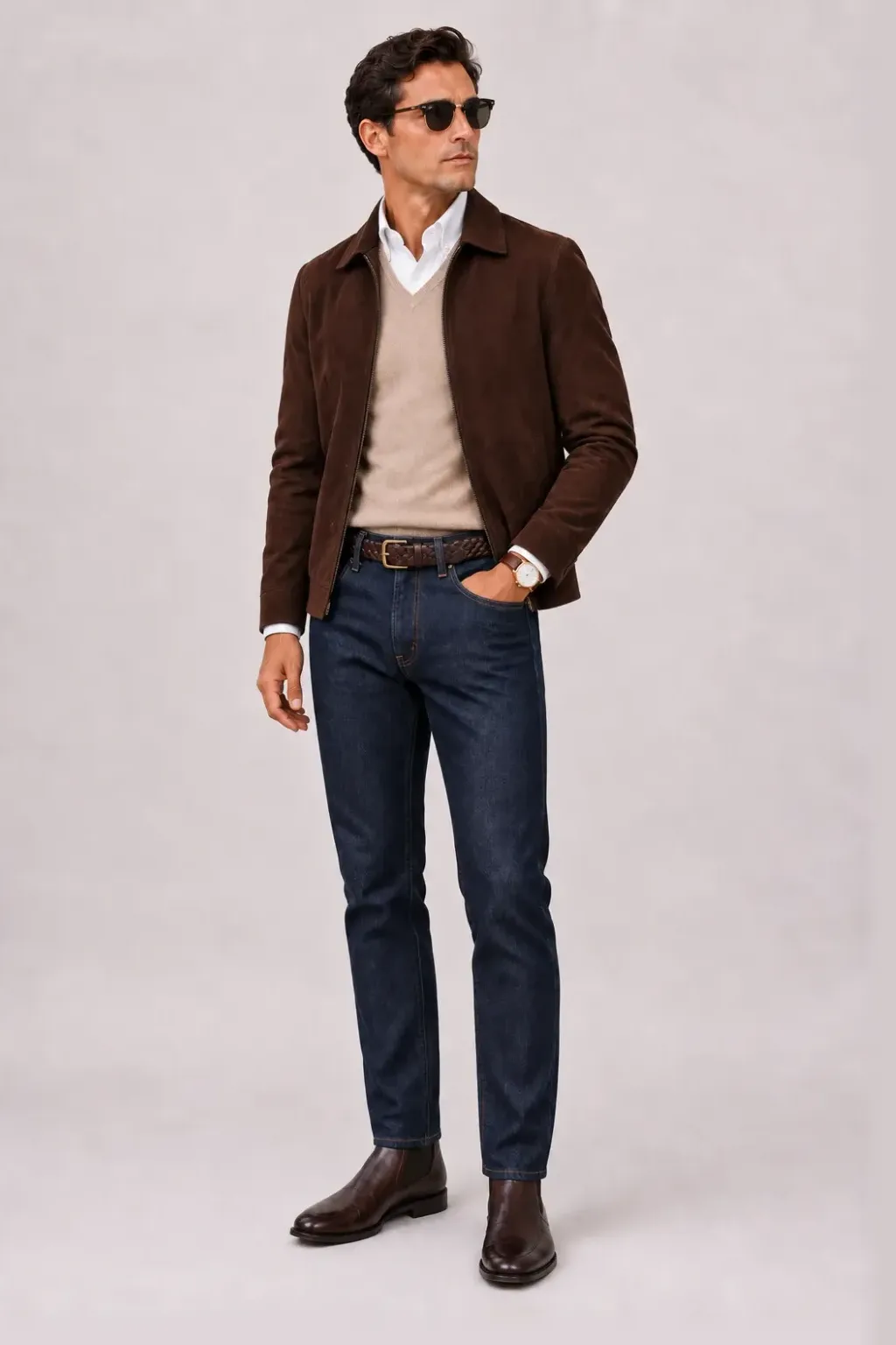 Wildlederjacke Schokobraun über V-Neck-Pullover Feinstrick Beige und Button-Down-Hemd Hellblau, dazu Jeans Navy und Chelsea Boot Wildleder — Button-Down-Hemd Weiss