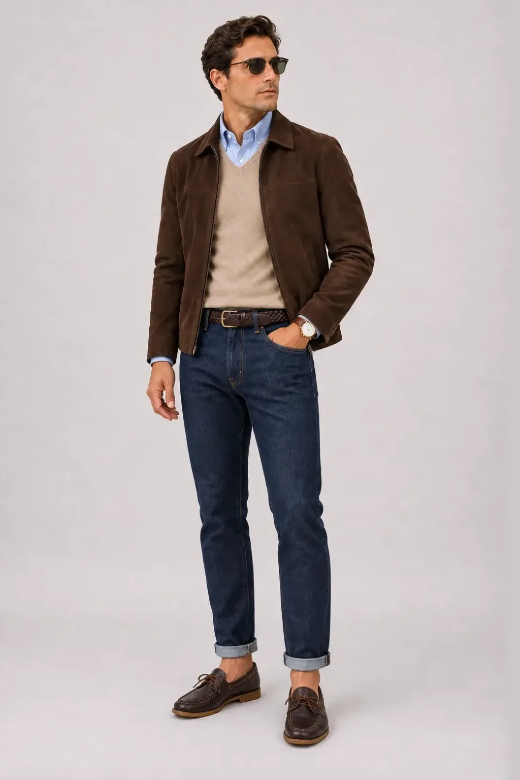 Wildlederjacke Schokobraun über V-Neck-Pullover Feinstrick Beige und Button-Down-Hemd Hellblau, dazu Jeans Navy und Chelsea Boot Wildleder