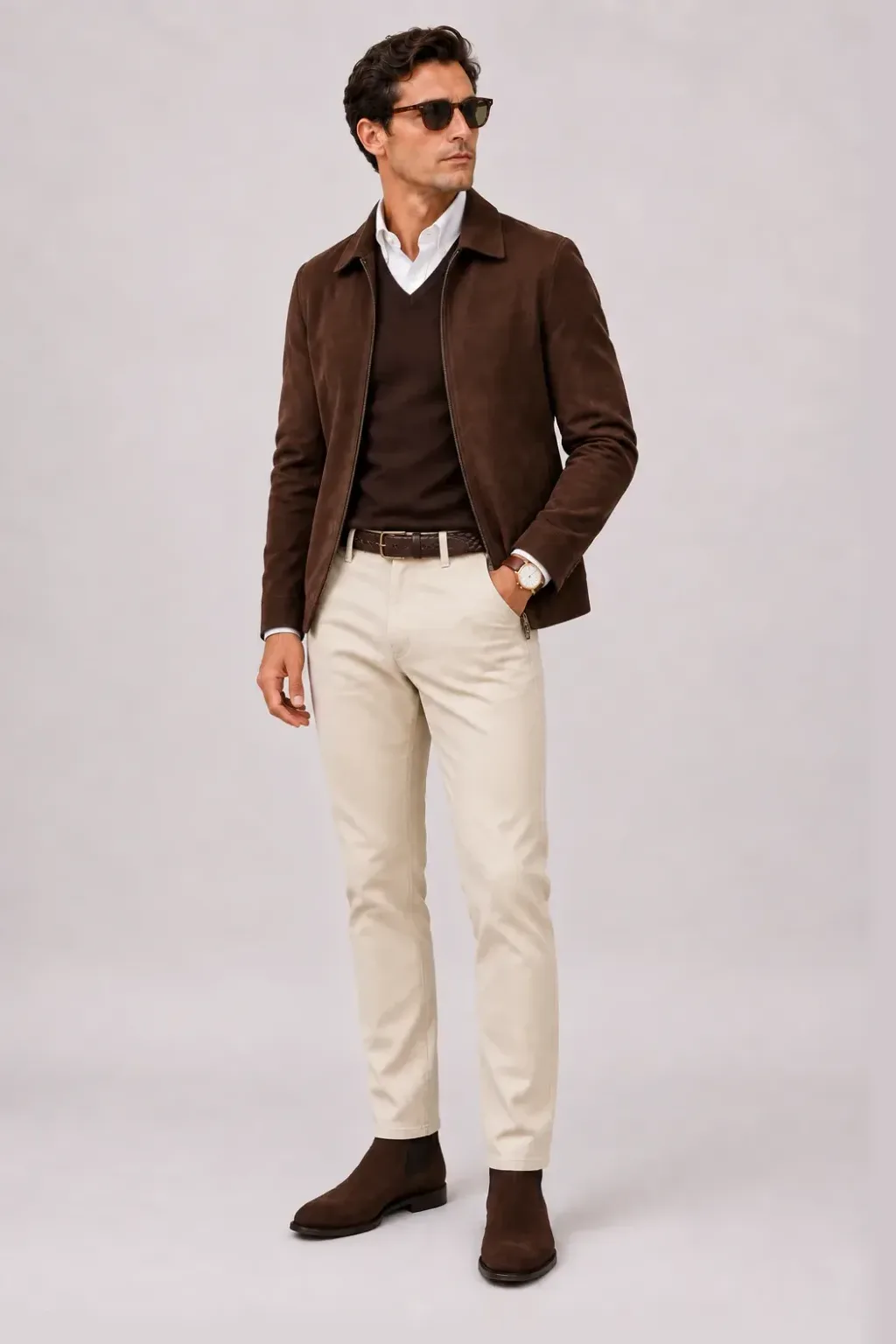 Wildlederjacke Schokobraun über Button-Down-Hemd, dazu Chino Creme und Chelsea Boot Wildleder — V-Neck-Pullover Feinstrick Schokobraun