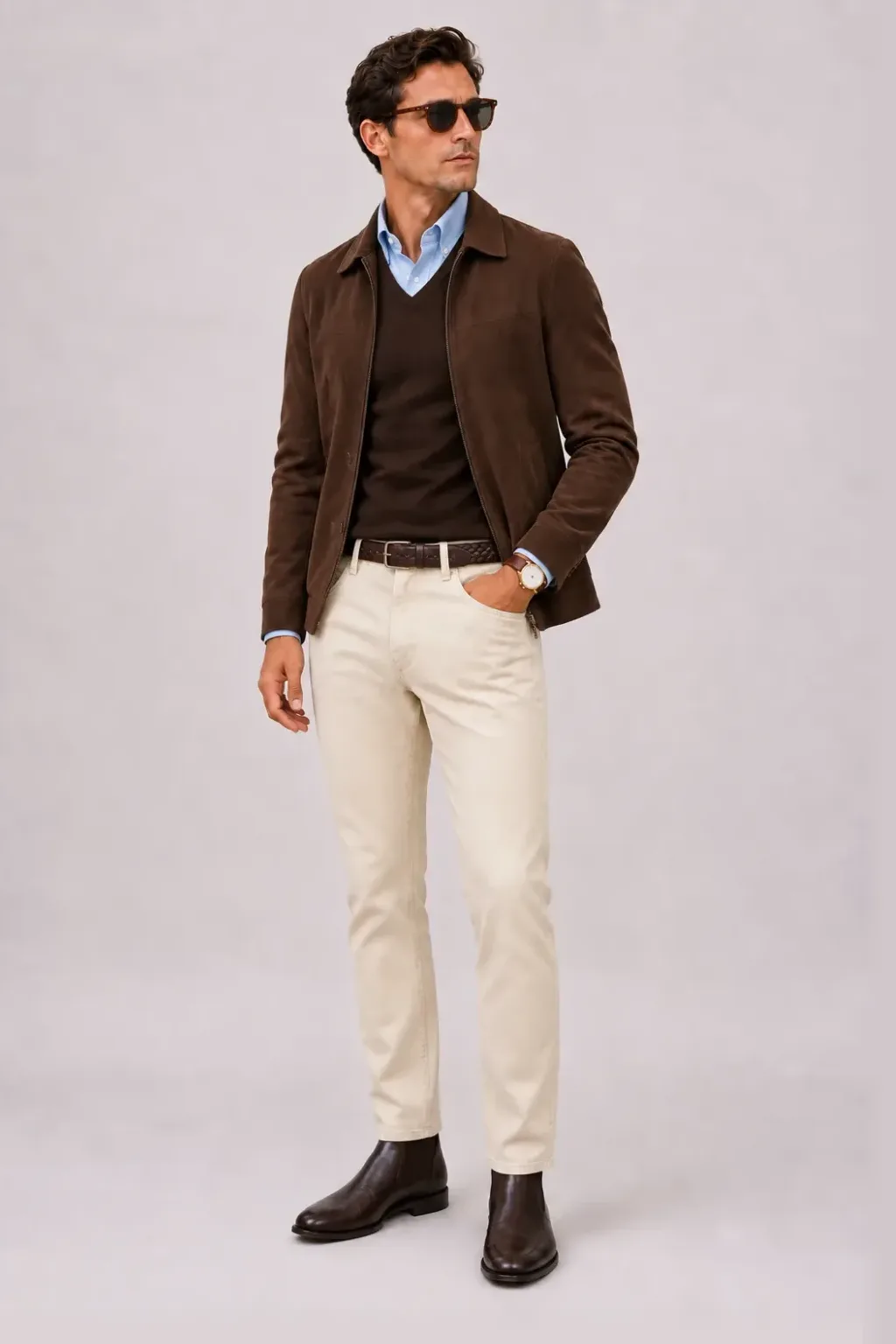 Wildlederjacke Schokobraun über V-Neck-Pullover Feinstrick Schokobraun und Button-Down-Hemd Weiss, dazu Chino Creme und Chelsea Boot Wildleder — Button-Down-Hemd Hellblau