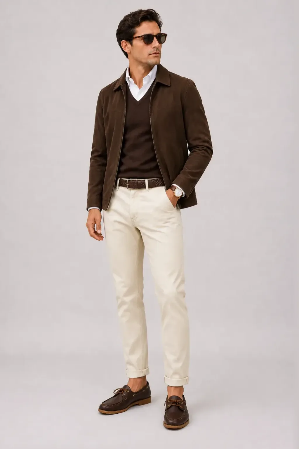 Wildlederjacke Schokobraun über V-Neck-Pullover Feinstrick Schokobraun und Button-Down-Hemd Weiss, dazu Chino Creme und Chelsea Boot Wildleder
