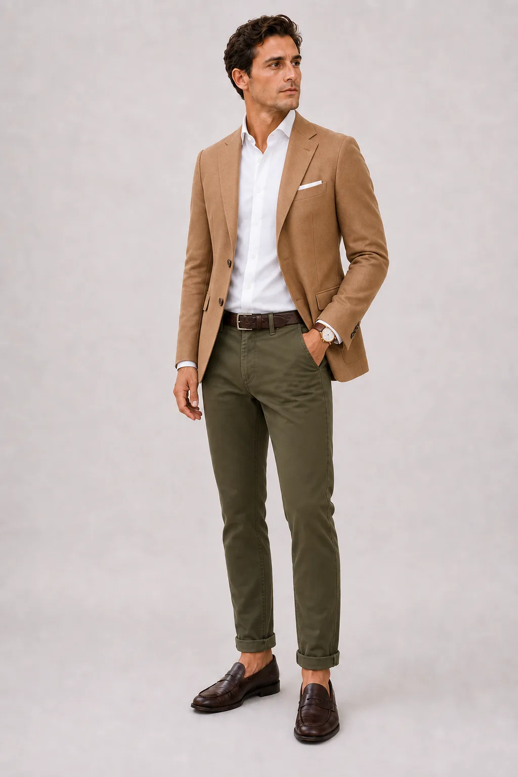 Sakko Camel über Button-Down-Hemd, dazu Chino Oliv und Penny Loafer