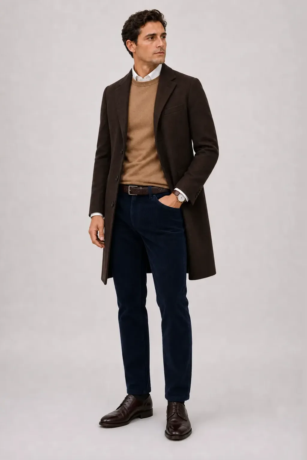 Langer Mantel Dunkelbraun über Crewneck-Pullover Feinstrick Camel und Button-Down-Hemd Weiss, dazu Cordhose Navy und Derby