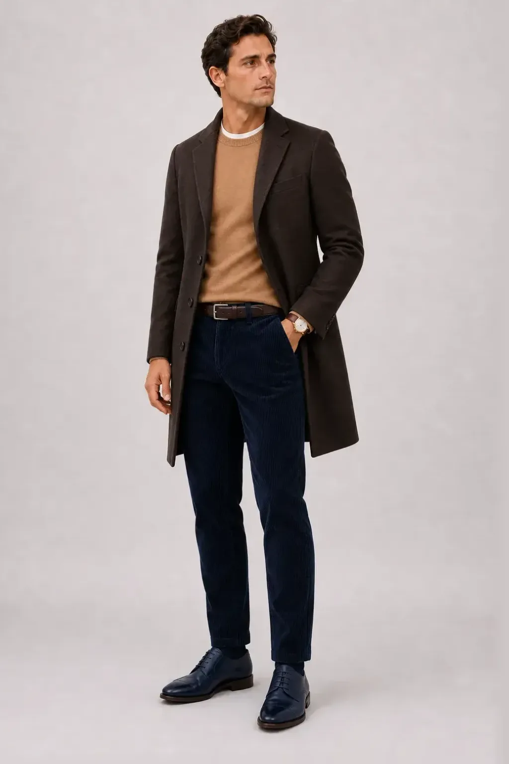 Langer Mantel Dunkelbraun über Crewneck-Pullover Feinstrick Camel und T-Shirt Weiss, dazu Cordhose Navy und Derby