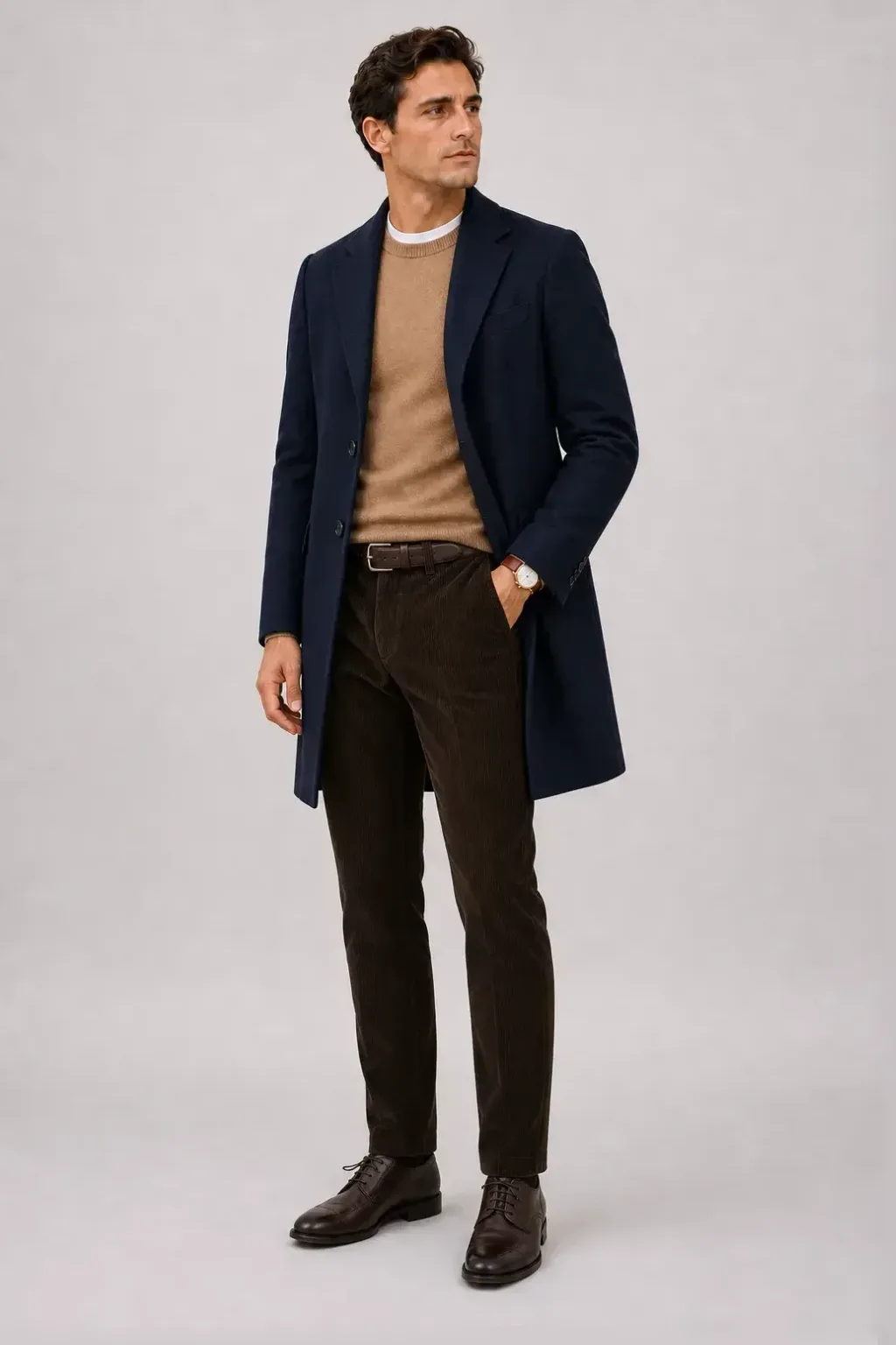 Langer Mantel Navy über Crewneck-Pullover Feinstrick, dazu Cordhose Dunkelbraun und Derby