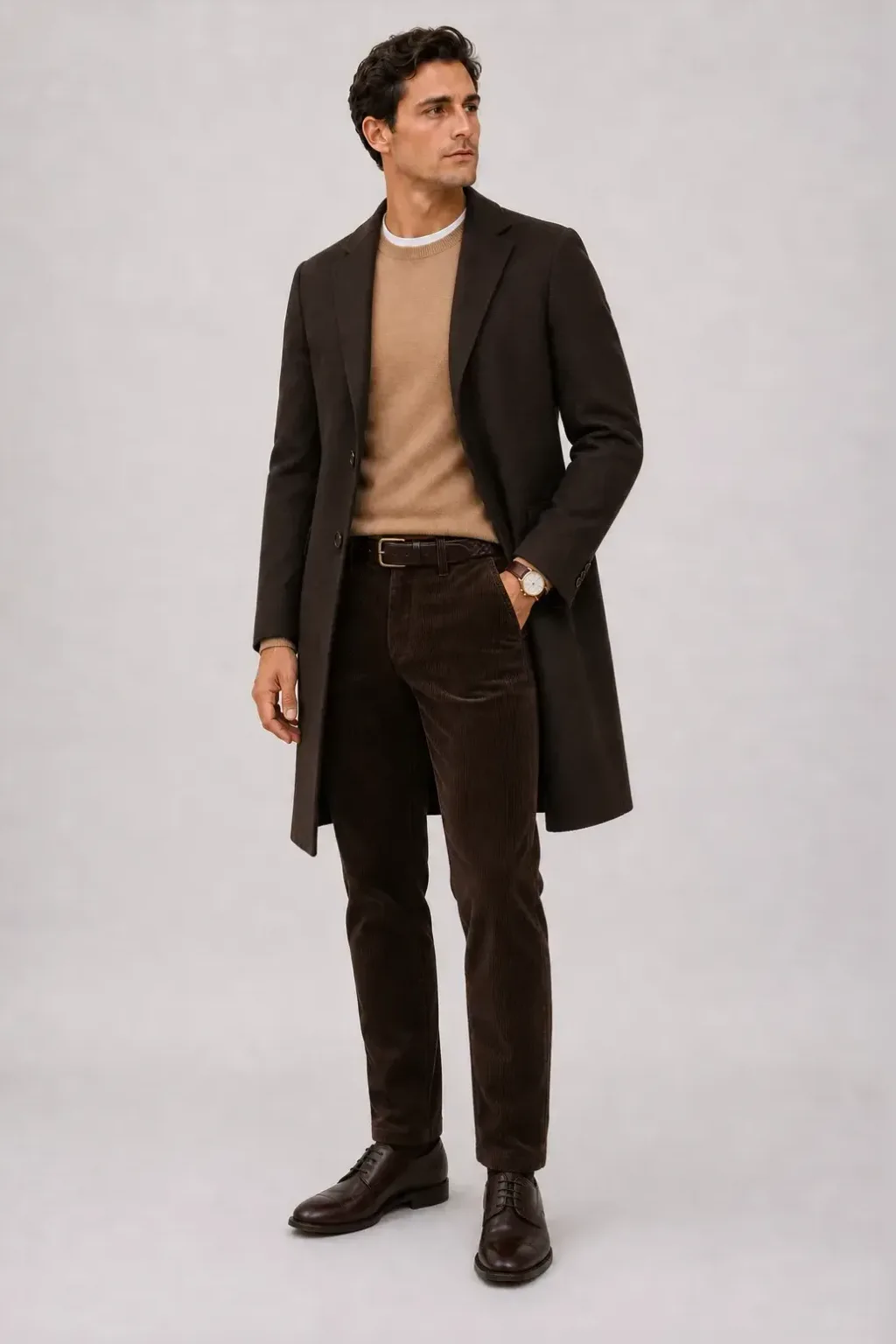 Langer Mantel Dunkelbraun über Crewneck-Pullover Feinstrick, dazu Cordhose Dunkelbraun und Derby