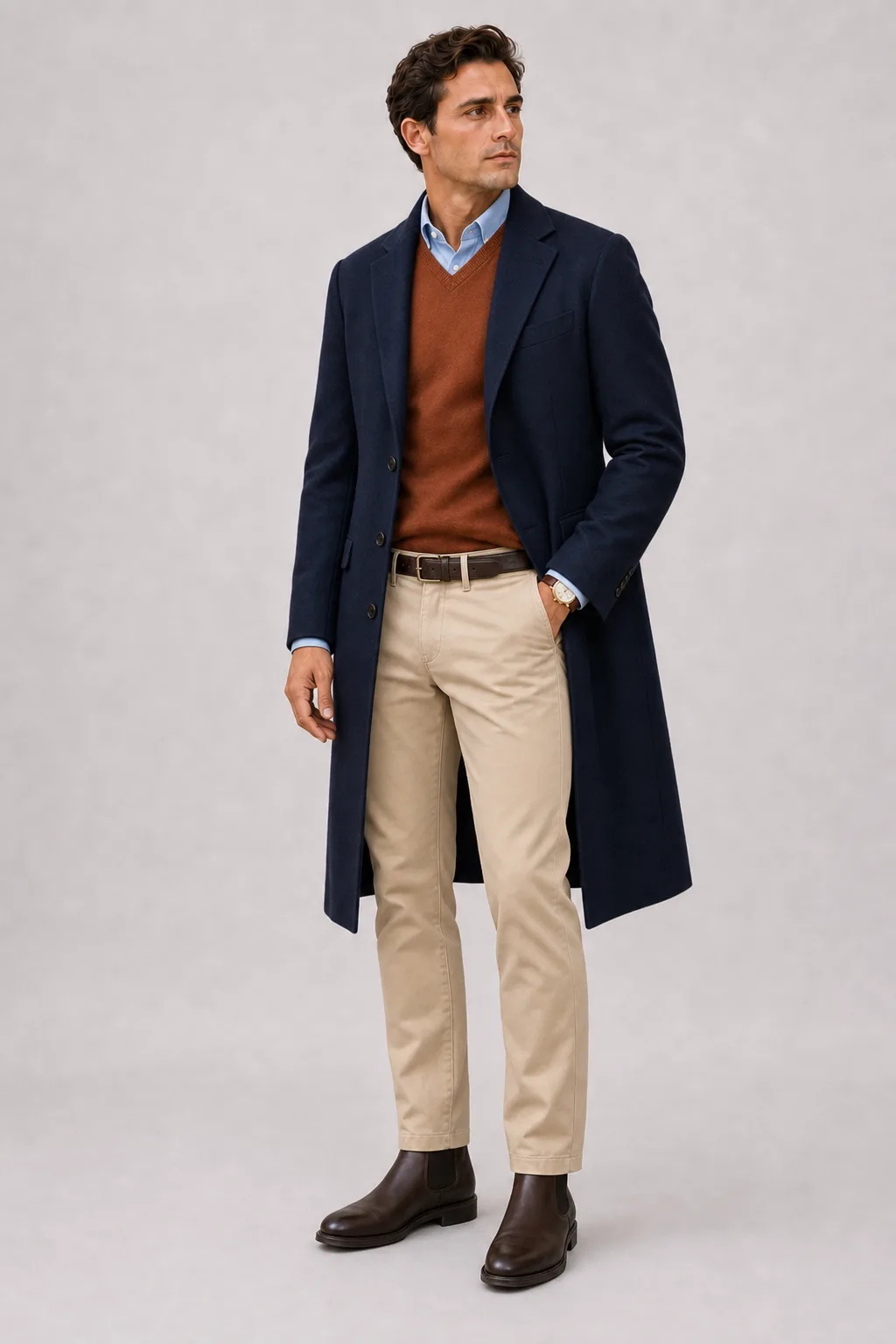 Langer Mantel Camel über V-Neck-Pullover Feinstrick, dazu Chino Beige und Chelsea Boot — Langer Mantel Navy