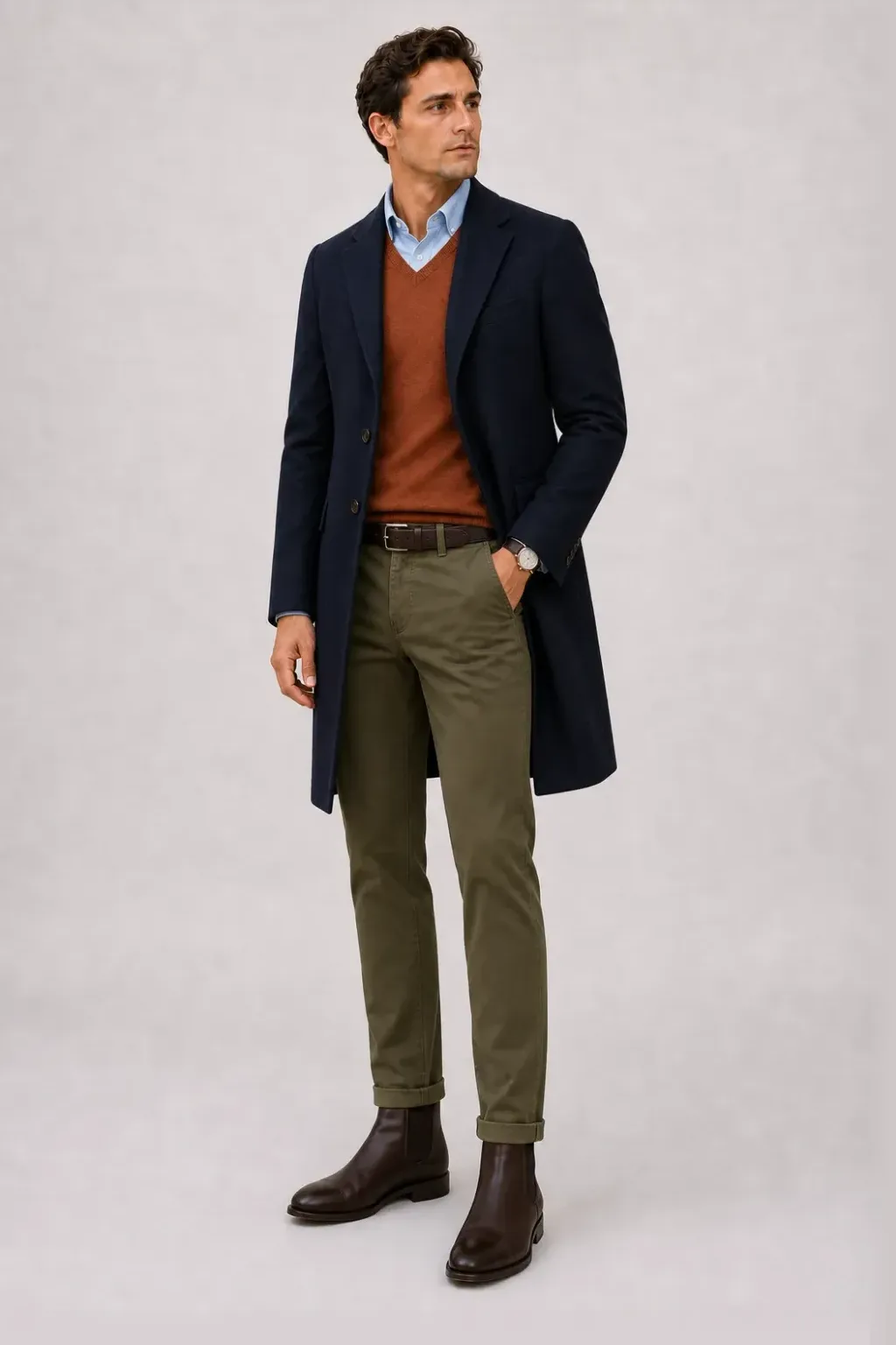Langer Mantel Navy über V-Neck-Pullover Feinstrick Rostbraun und Button-Down-Hemd Hellblau, dazu Chino Oliv und Chelsea Boot